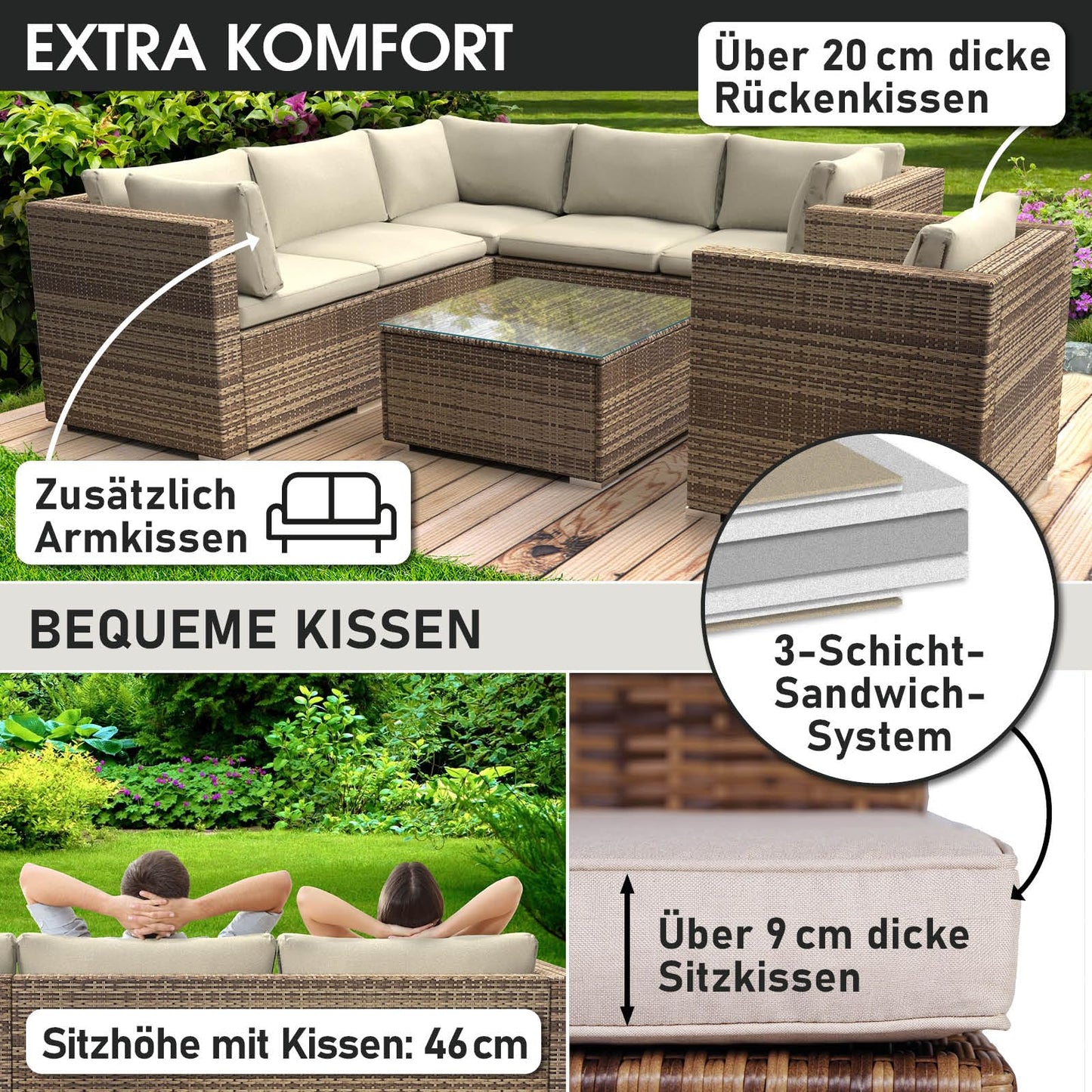 BRAST® Gartenmöbel Lounge Set | 4-5 Personen viele Modelle & Farben | inkl. extra Dicke Kissen | TÜV geprüft | Outdoor Loungemöbel Sitzgruppe Essgruppe Garnitur | Harmony Schwarz