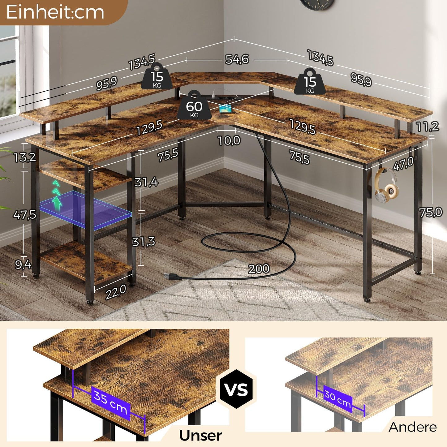 Rolanstar Schreibtisch L Form mit LED & Steckdosen, 117 cm Computertisch mit Monitorständer & Ablagefläche, Reversibler Eckschreibtisch mit 2 Haken, perfekt für Arbeitszimmer Schlafzimmer Büro