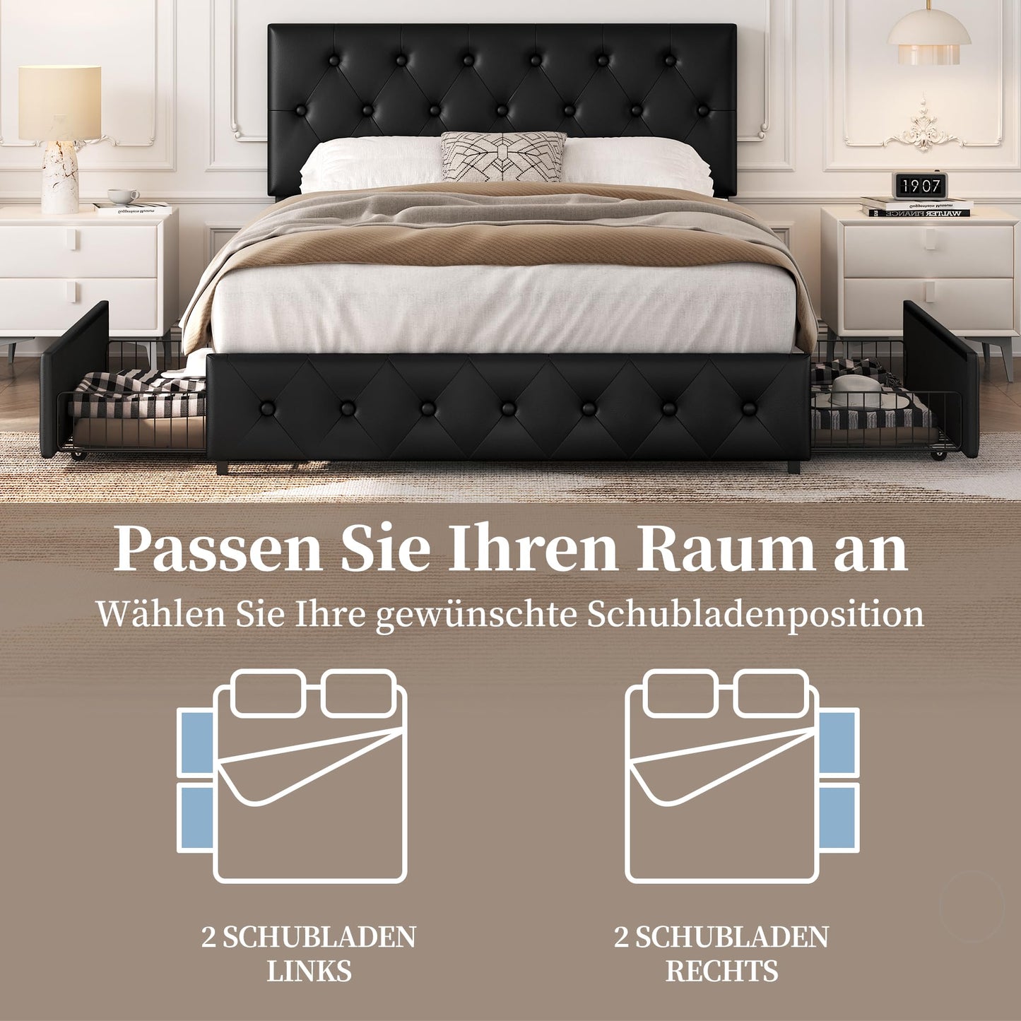 Yaheetech Polsterbett 140 x 200 cm Doppelbett Bettrahmen mit 2 Schubladen höhenverstellbares Kopfteil Gepolstertes Bett mit Lattenrost viel Stauraum, Schwarz
