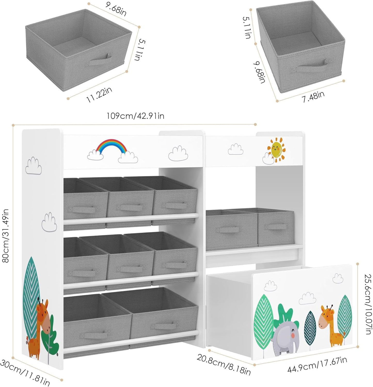 HOCSOK Spielzeugregal, Kinderregal mit 10 Stoff Aufbewahrungsboxen, Bücherregal, Spielzeugkiste auf Rollen, Spielzeug-Organizer im Kinderzimmer, Weiß