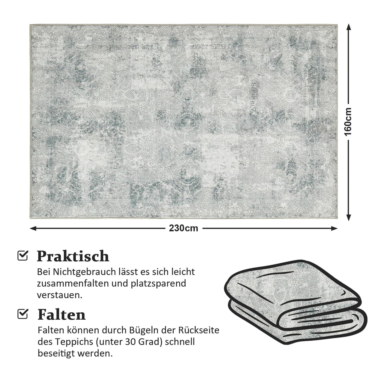 Guchuang Bedding Living Room Rug 140 x 200 cm, Grey Green Rug Vintage Mottled Smudged Design Short Pile Rugs, Washable Non-Slip Rugs for Bedroom
