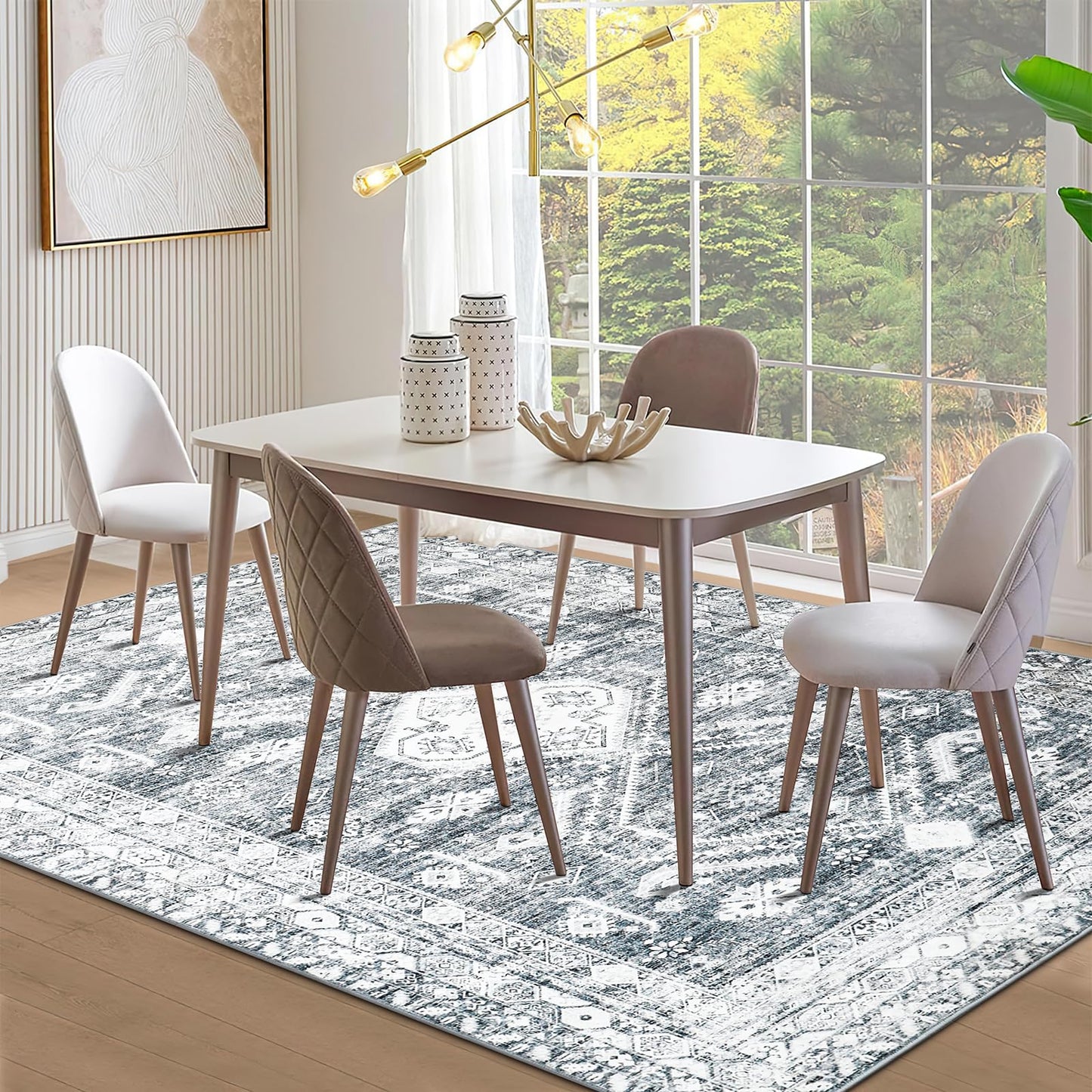 WONGS BEDDING Boho Rug Living Room Bedroom Short Pile Rugs Washable Soft Non-Slip Vintage Design