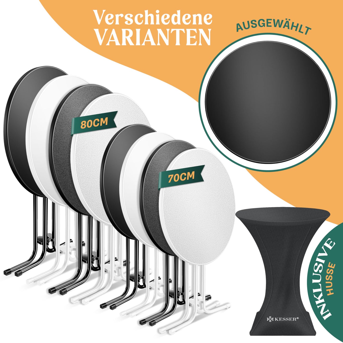 KESSER® Gastro Bar Table Folding Bistro Table Powder-Coated Stainless Steel Top Height-Adjustable Feet Party Table Diameter 80 cm Indoor and Outdoor Reception Table Folding Table Including Cover Black
