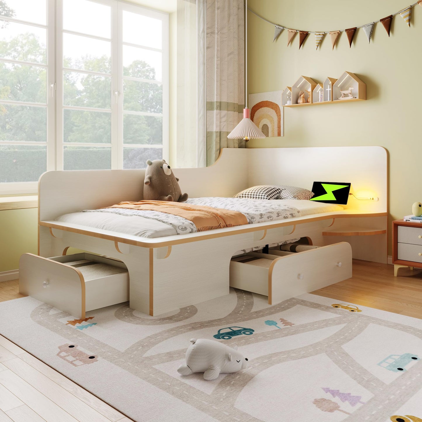 RIAZOS Kinderbett Holzbett 90x200 cm, Massiveholz Einzelbett mit Schreibtisch und Schubladen, Stauraumbett mit Lattenrost, für Jungen & Mädchen, ohne Matratze, Weiß