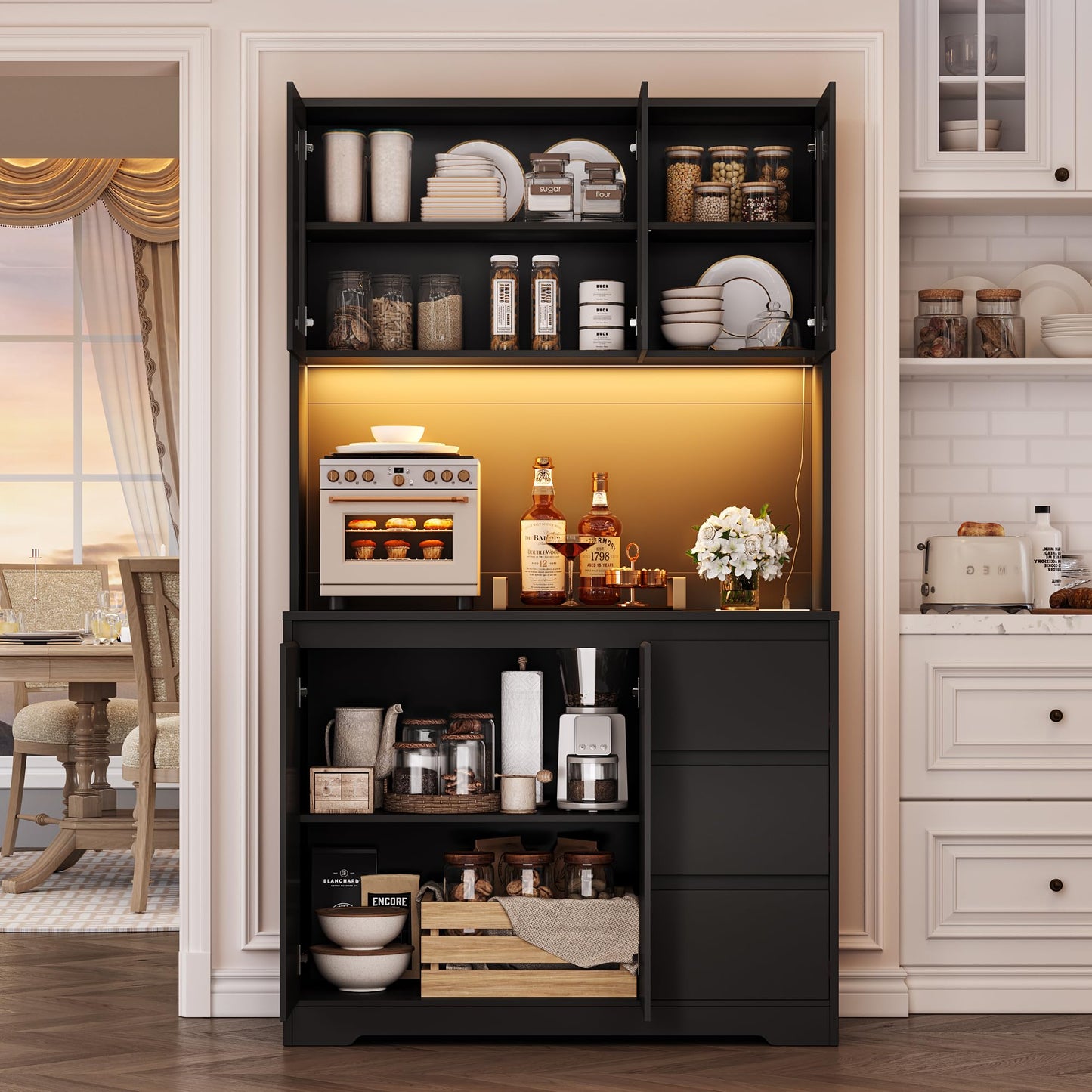 FirFurd Kitchen Cabinet Buffet Cabinet with LED Sideboard for Kitchen with Power Strip Kitchen Cabinet with Worktop and 3 Drawers Kitchen Buffet with Adjustable Shelf 180 x 100 x 38.5 cm (Black)