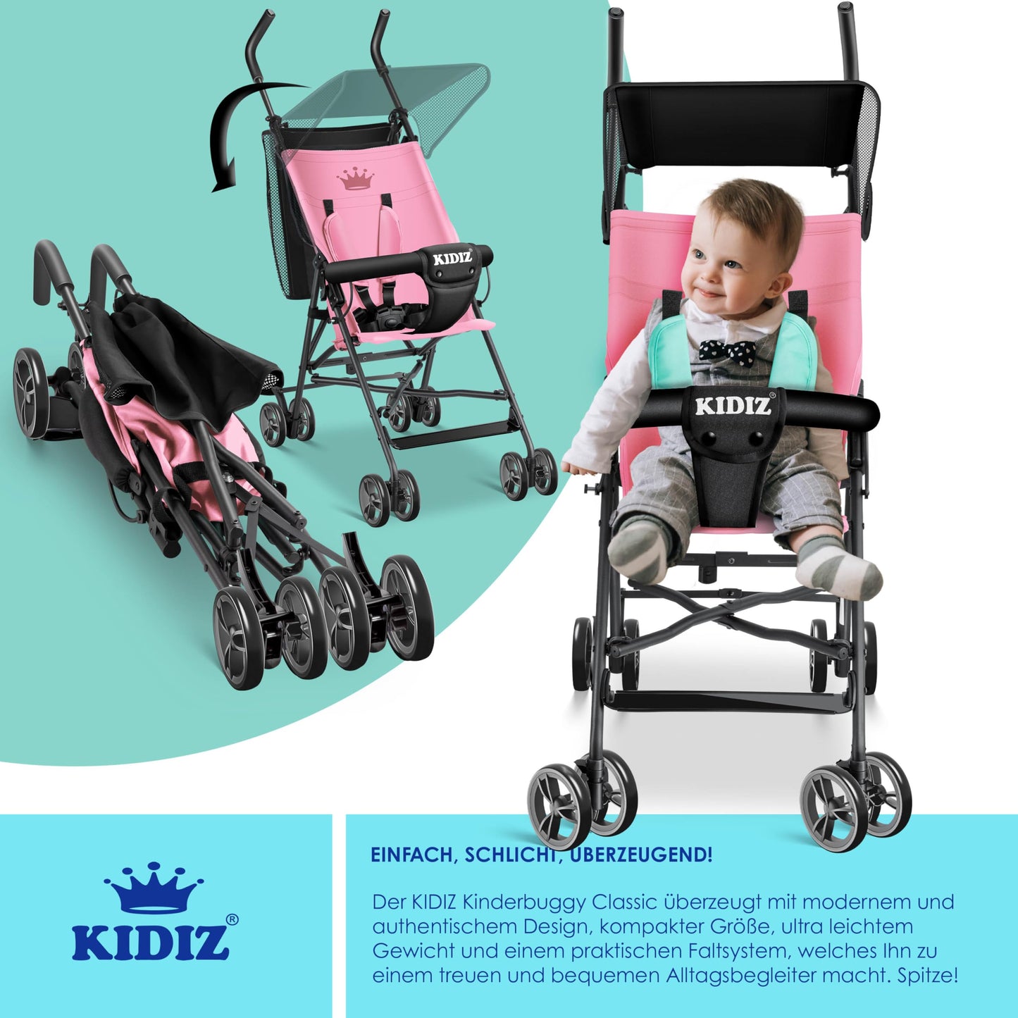 KIDIZ® City Buggy Foldable 360° 4 Inch Wheels Including Sun and Rain Cover Foldable 5-Point Safety Belt from 6 Months Anthracite