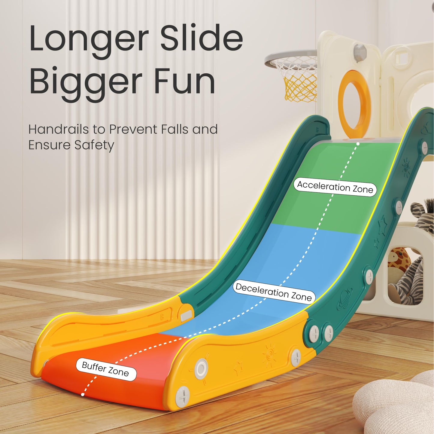 hoopyosms Kinder Rutsche Mit Klettergerüst, Basketballkorb Und Tunnel, Indoor-Kunststoffrutschenset Für Kinder, Montessori-Spielzeug Für Den Spielplatz, Grün