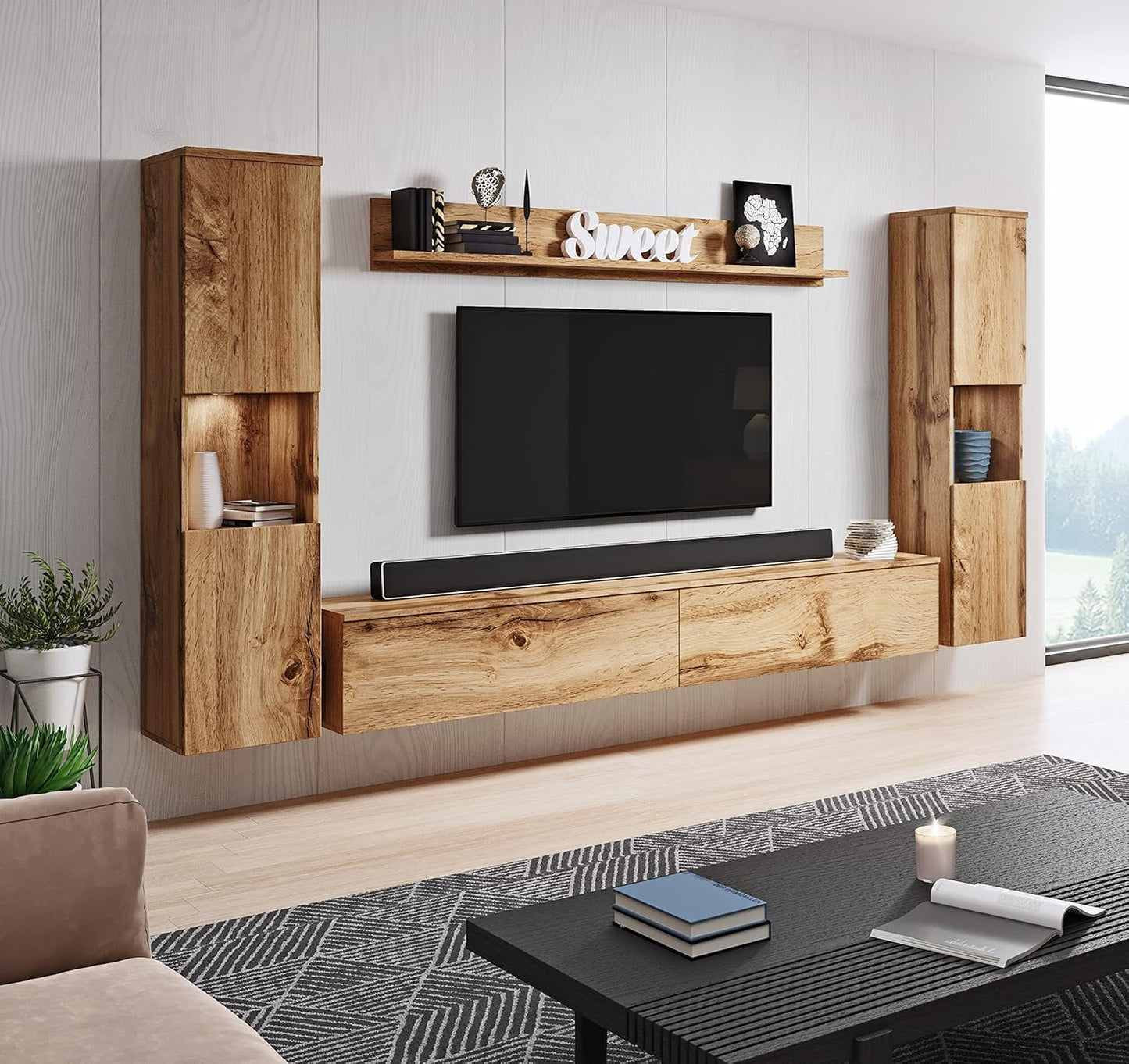 MINIO go for it - Parma XL Wall Unit, 4-Piece Set, with LED Lighting, Hanging or Standing, 2 x Highboard, Lowboard, Wall Board, Laminated Chipboard, Colour: Wotan Oak