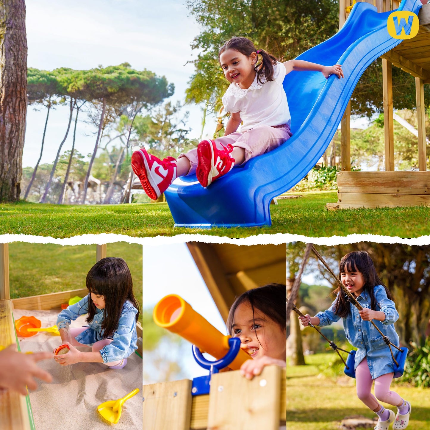 WICKEY Spielturm Klettergerüst StormFlyer mit Schaukel & roter Rutsche, Outdoor Kinder Kletterturm mit Sandkasten, Leiter & Spiel-Zubehör für den Garten