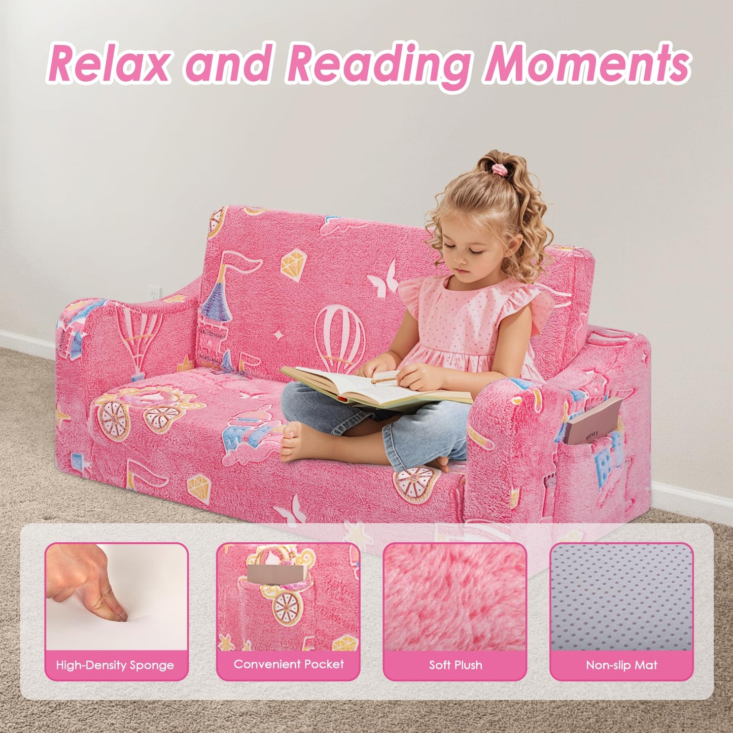 Children's Sofa Fold-Out 2-in-1, Extra Large Children's Sofa Glows in the Dark with Sleep Function, Children's Chair for Children's Room, Playroom, Astronauts