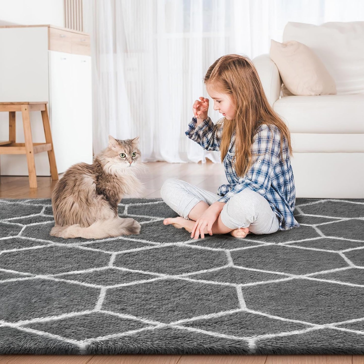 Treeboy High Pile Rug Grey Carpet Living Room 160 x 230 cm Washable Non-Slip Extra Large Rugs Bedroom Fluffy Modern Rugs Mat Rugs for Bedroom Children's Room