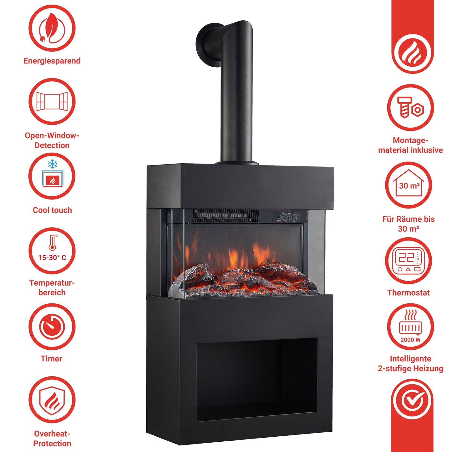 KAMINIO Henri Electric Fireplace with Stove Pipe - Electric Stove with Heater, 3D Flame Effect, Wooden Compartment, Remote Control (White)