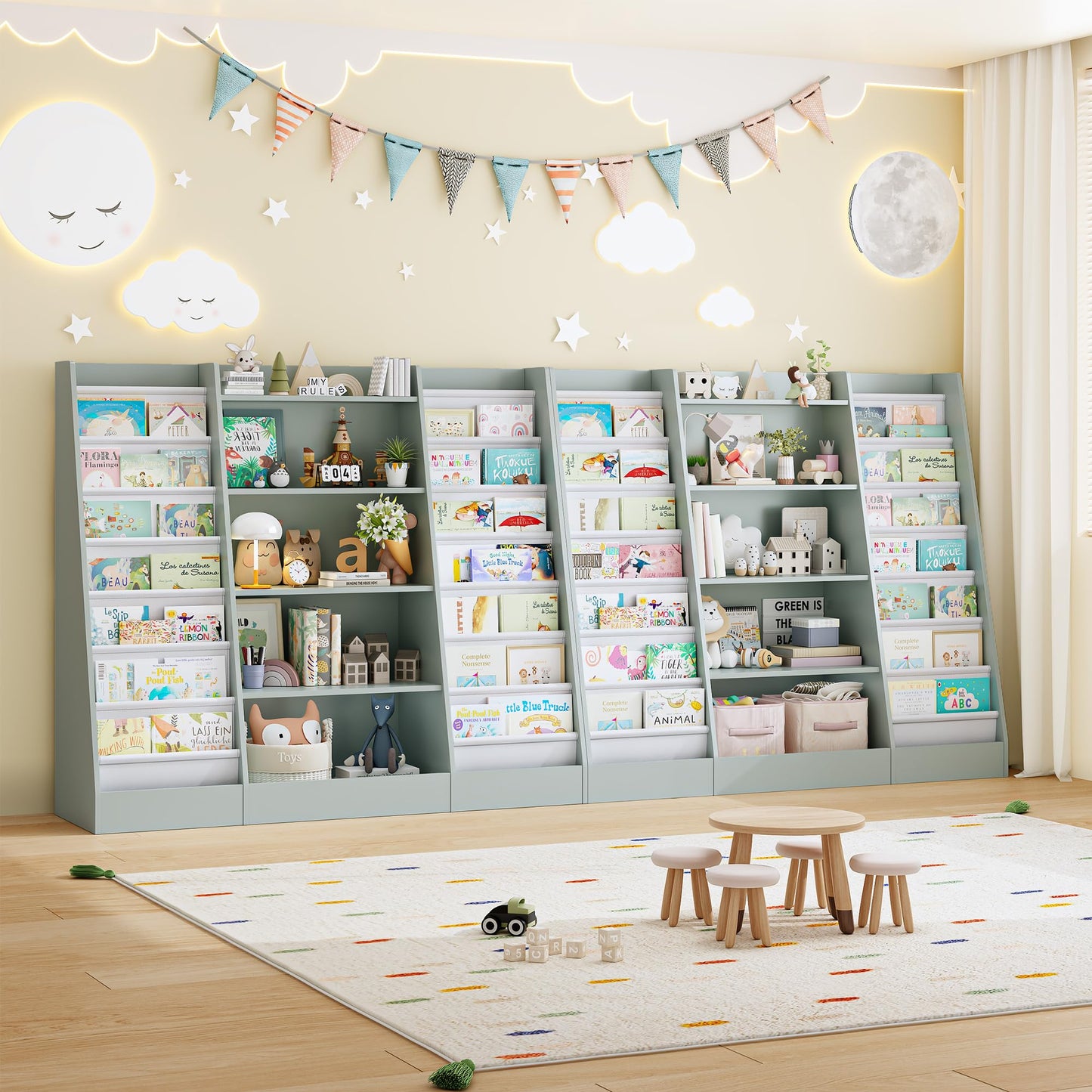 FOREHILL 129 cm Breite Kinderregal, Bücherregal für Kinder mit 14 Ablagen, Kinderzimmer Möbel aus Holz, Spielzeugregal, Regal für Kinderzimmer, Kindergarten, Leseecke, 129 x 120 x 35 cm (weiß)