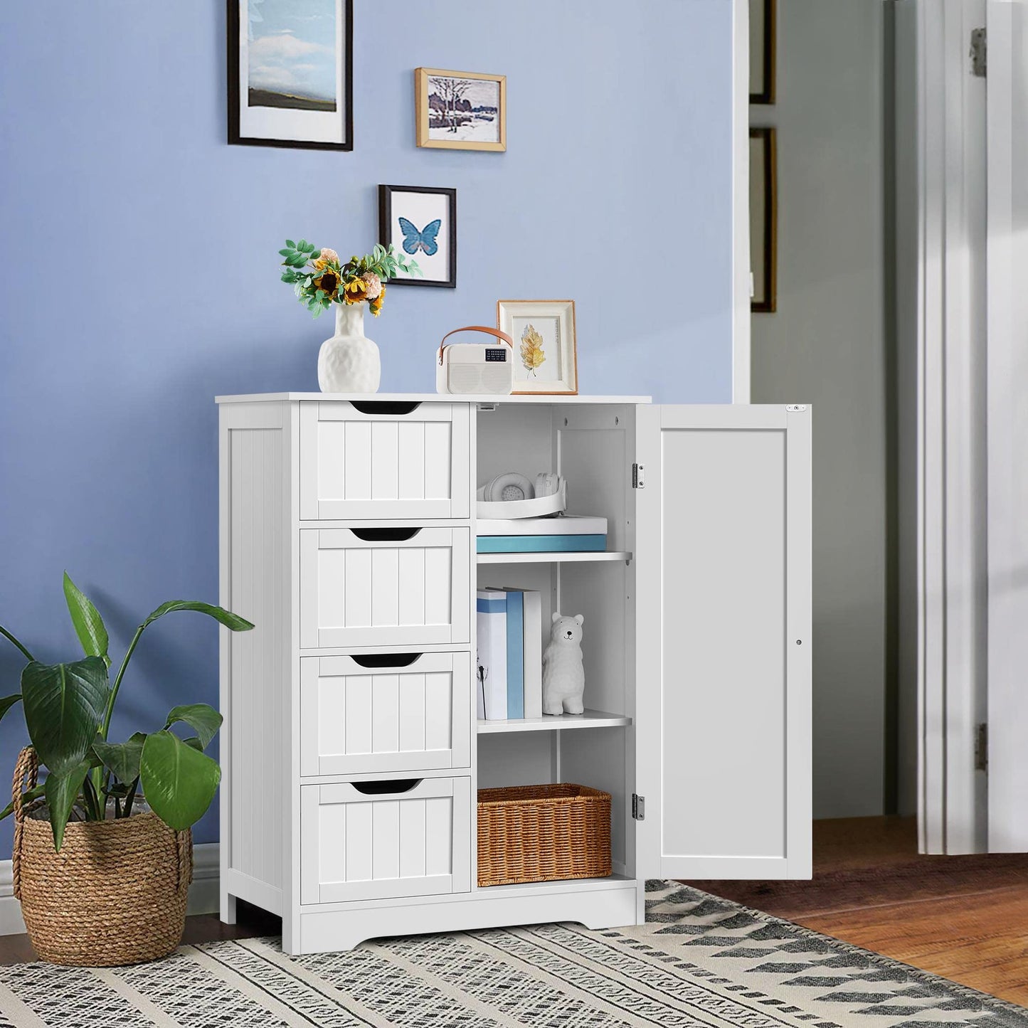 Yaheetech Bathroom Cabinet Floor Cabinet with 4 Drawers and 2 Doors Bathroom Cabinet Floor Cabinet with Height-Adjustable Shelf for Bathroom Living Room Hallway Kitchen White