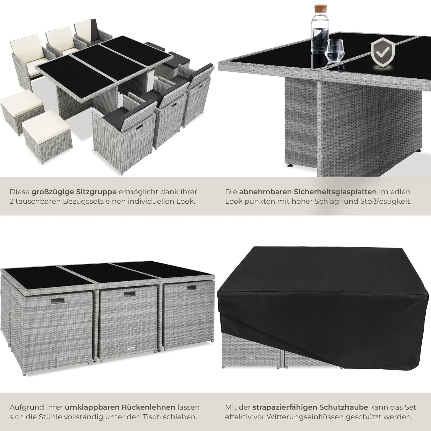 tectake Polyrattan Gartenmöbel Set, Sitzgruppe mit 6 Stühle +1 Glasplatte Tisch + 4 Hocker, Gartenlounge Set klappbar, für bis zu 10 Personen, Balkon Möbel, inkl. 2 Bezugsset - Natur