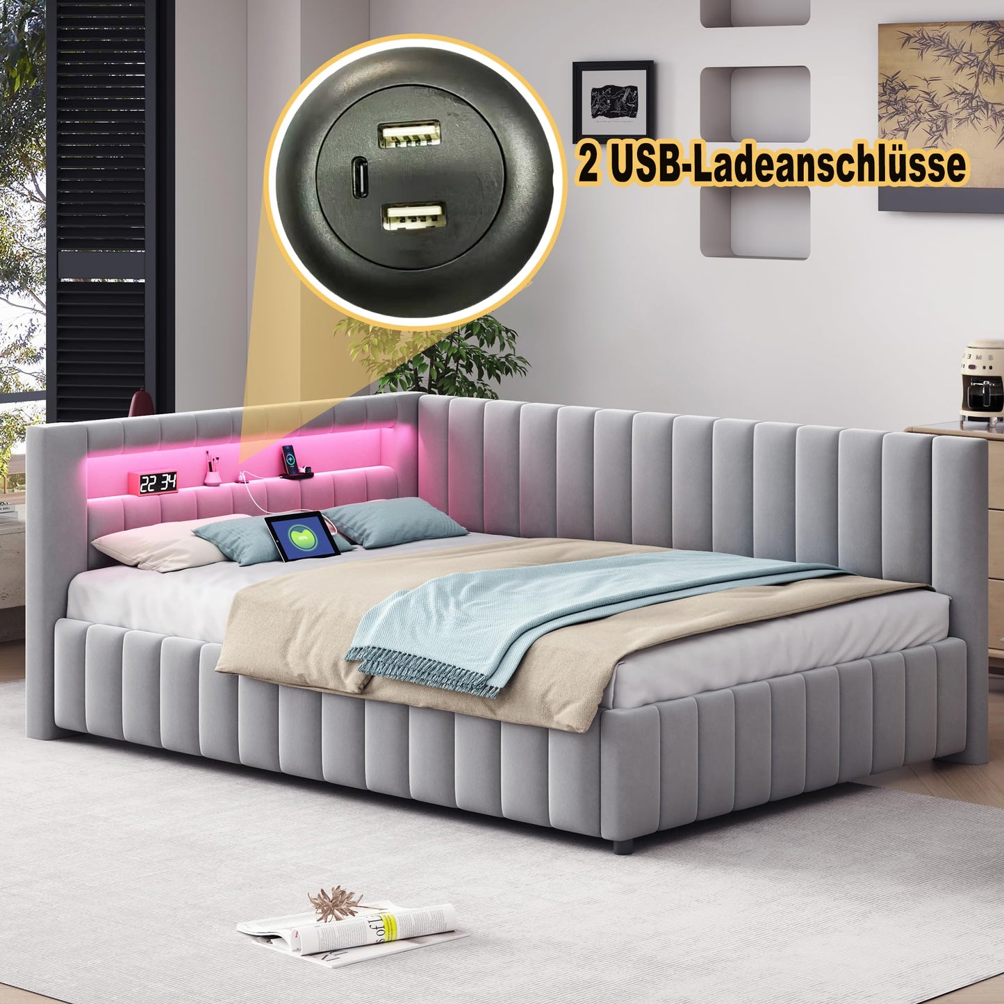 KEYIDE Upholstered Sofa Bed, 140 x 200 cm with LED Lighting and USB Charging, Bed Frame with Wooden Slatted Frame, Day Bed, Guest Bed, Youth Bed, Velvet Fabric, Without Mattress (Grey, 140 x 200)