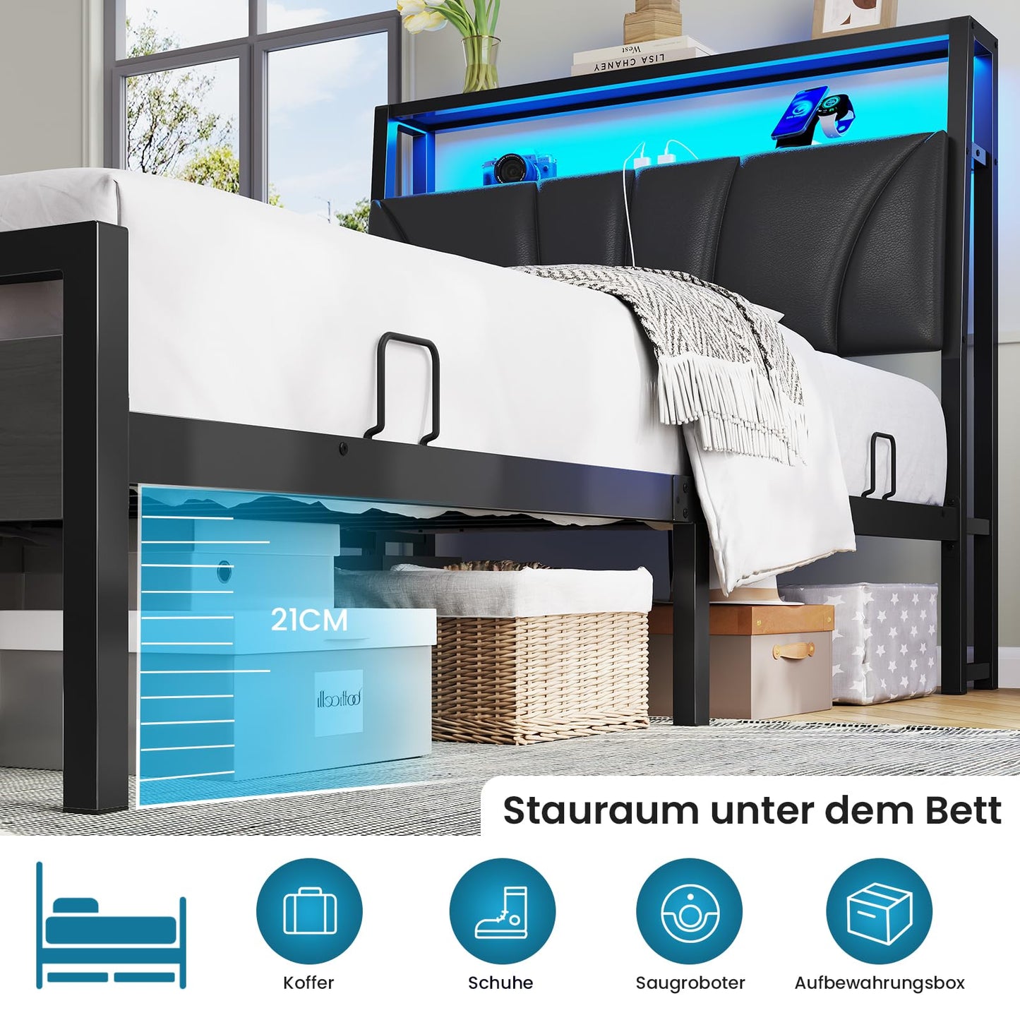 Brinlawb Bed 140 x 200 cm with Metal Slatted Frame, Bed Frame 140 x 200 cm with LED Lighting, Metal Bed 140 x 200 cm with Headboard and Charging Station (2 AC Sockets, 2 USB Ports), Youth Bed, Double