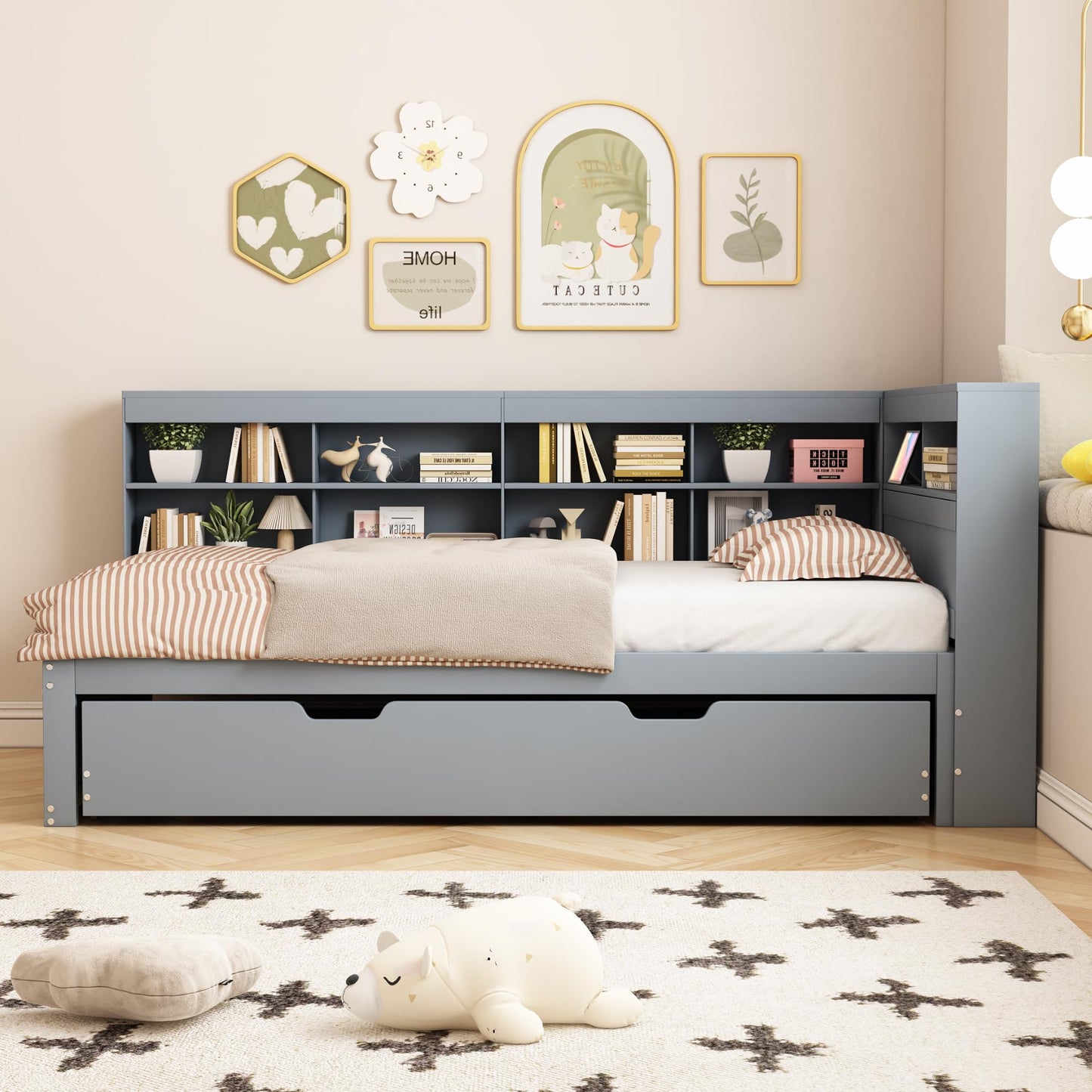 xixiworkshop Kinderbett 90x200cm Ausziehbett Bett mit Stauraum und USB-Steckdose/Mehreren Ablagefächern multifunktionales Jugendbett/Gästebett/Doppelbett mit Stauschrank Lattenrost,Ohne Matratze,Grau