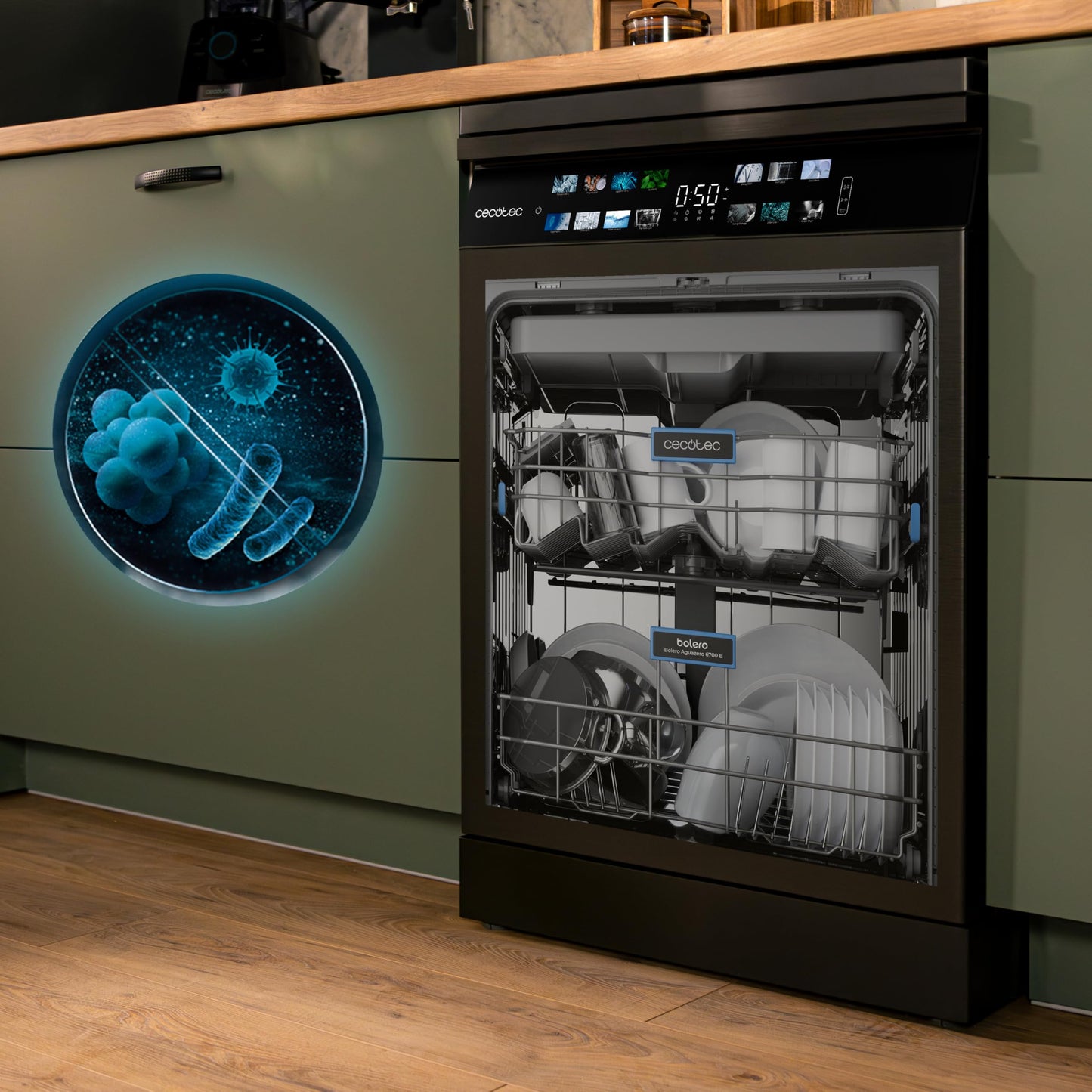 Cecotec Geschirrspüler 60 cm - Freistehend Bolero Aguazero 6210 Dark D. 15 Bestecke, energieeffizient, XXL Fullcolor Display, drittes Fach, 14 Programme, Dual Zone Wash, verstellbares Fach, Dunkel