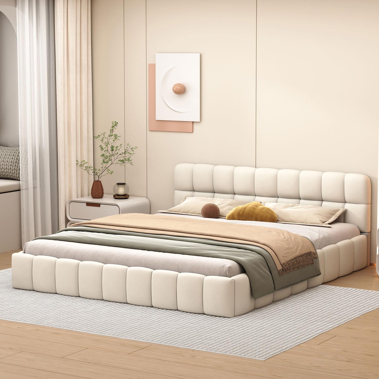 DULRLLY Bubble Bett Polsterbett 140x200 cm,Doppelbett mit Lattenrost, Jugendbett mit Gepolstertes Kopfteil, Gepolstertes Bett für Schlafzimmer und Gästezimmer,ohne Matratze, Leinenstoff (Weiß)