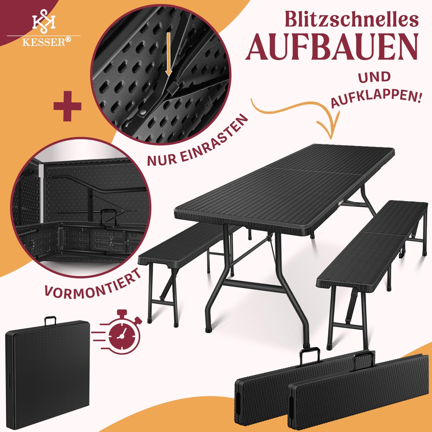 Kesser® Beer Tent Set – 3 Piece Set, Table + 2 x Bench, for Indoor / Outdoor, Folding, Carry Handles, HxWxD: 73 x 180 x 75 cm, Plastic, Rattan-Look Garden Set, Folding Table, Garden Table, Black