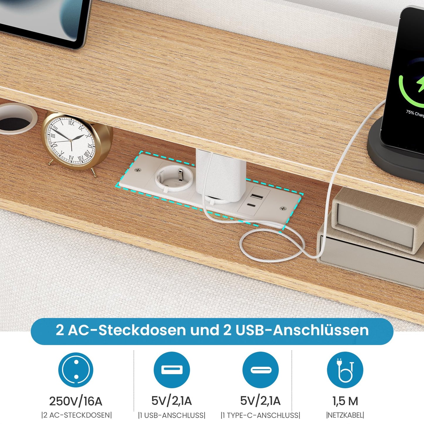 Brinlawb Upholstered Bed 140 x 200 cm Floating Bed with LED Lighting, Headboard and Charging Station (2 AC Sockets, 2 USB Ports), Bed 140 x 200 cm with Storage Space, Modern Double Bed with Slatted