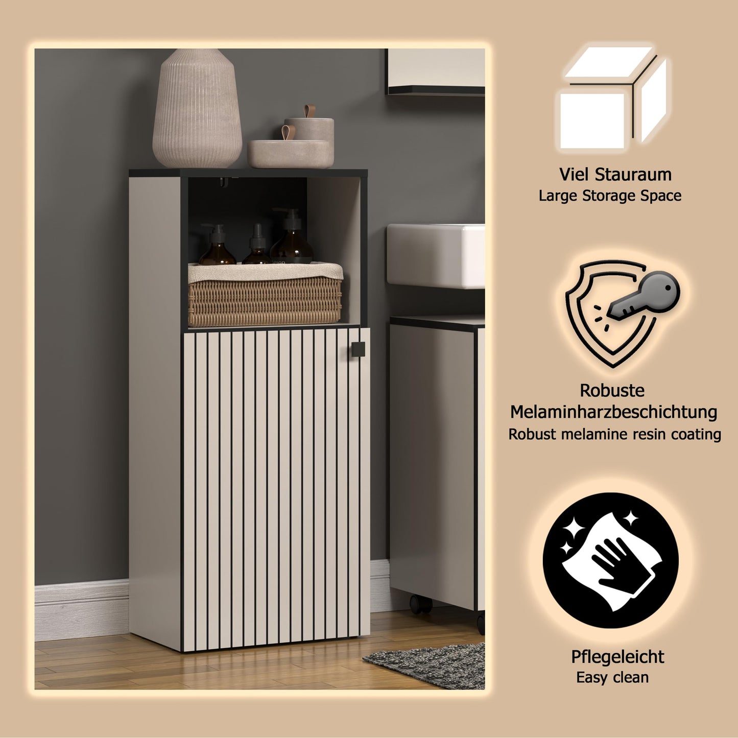 trendteam smart living - PureBliss - Hochschrank - Eiche - Badezimmerschrank in moderner Rillenoptik - edle Metallgriffe - (BxHxT) 40 x 186 x 31 cm - 2 praktische Einlegeböden - kratzfest