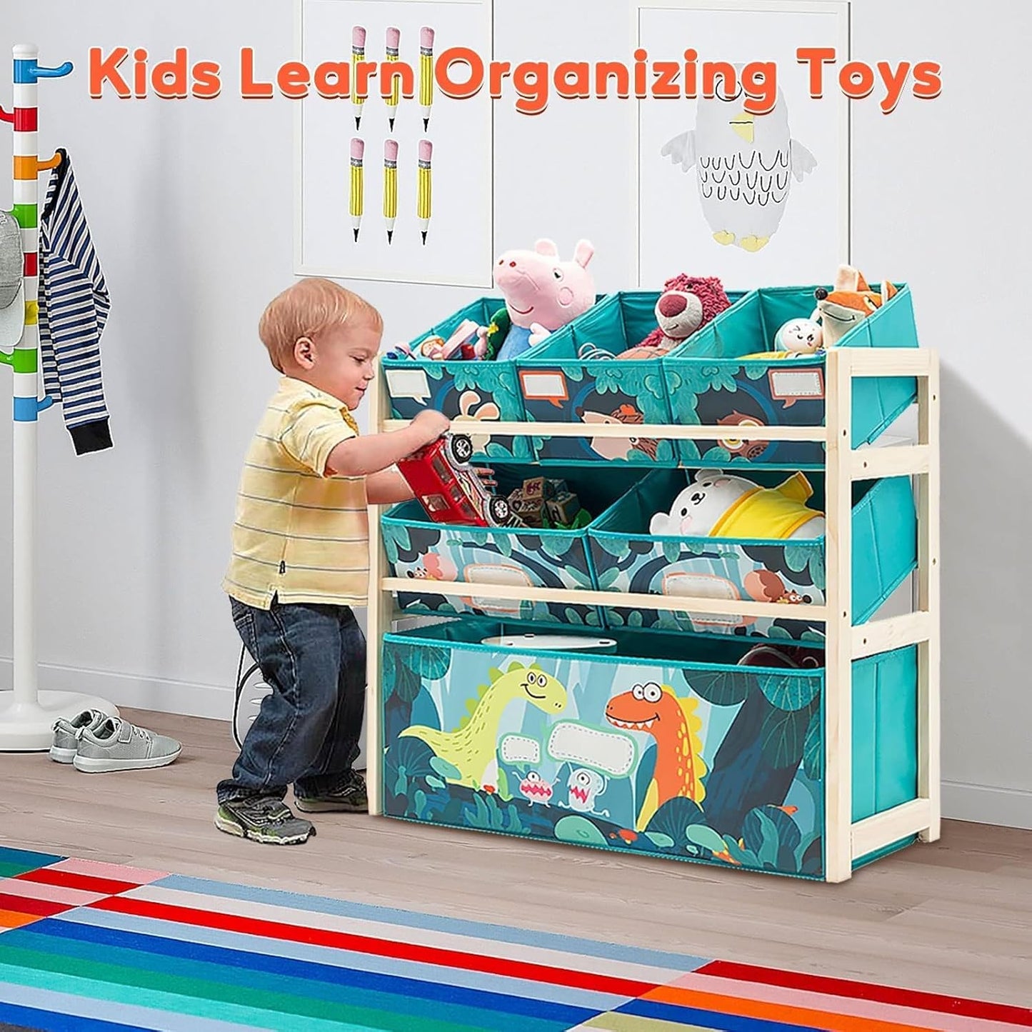 NUKied Spielzeug-Organizer|Aufbewahrungsregal|3-stöckiges Holzregal für Kinder mit Regalboxen|Bücherregal für |Kinder|Kinderzimmer|Schule|Kindergarten Stoffschubladen für Bücher und Spielzeug