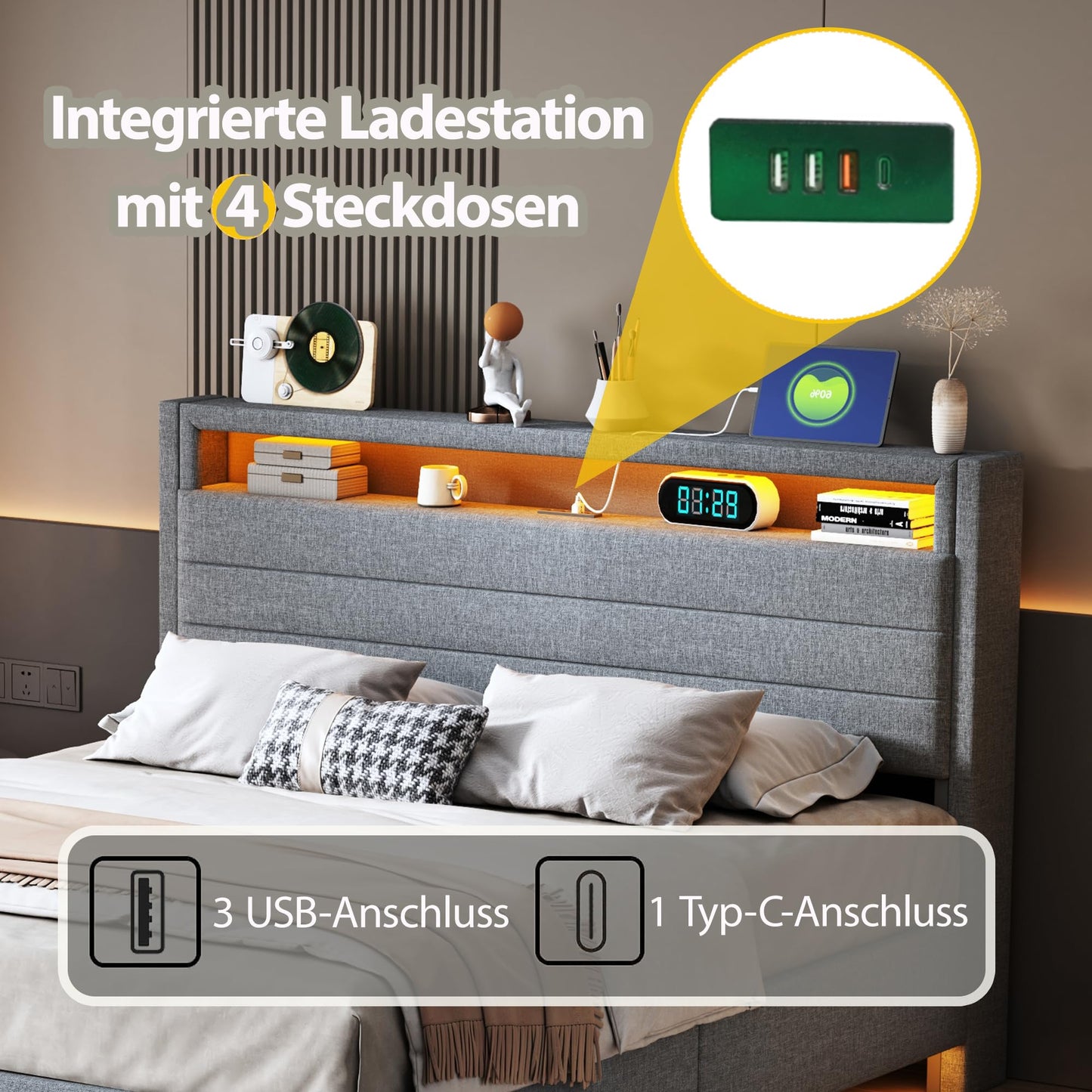 LAKFEW Upholstered Bed 140 x 200 cm, Double Bed Functional Bed with USB Socket and LED Lighting, Hanging Bed Headboard with Concealed Storage Space, Bed Frame Bed with Slatted Frame, Linen, Without