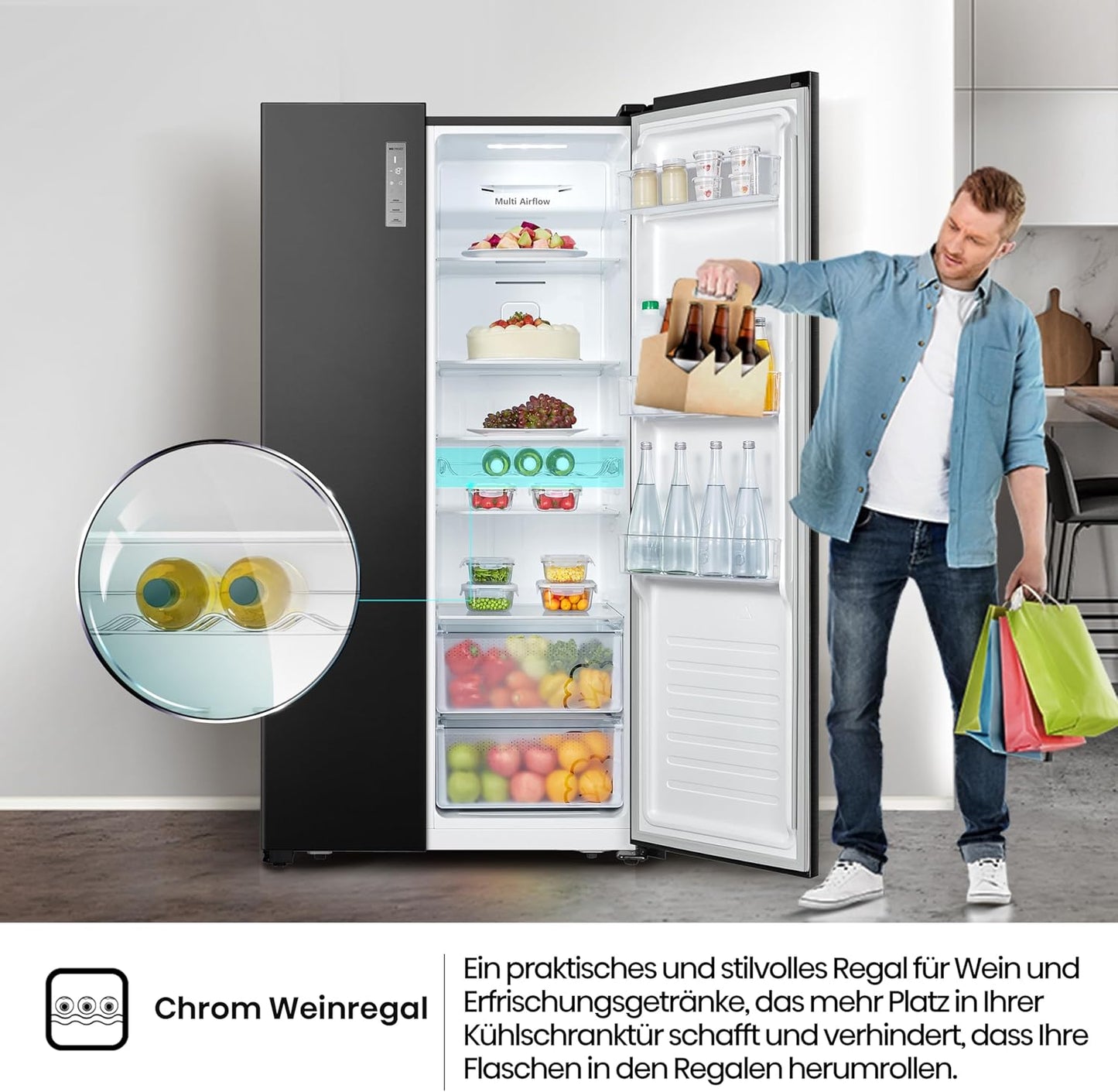 Hisense RS677N4BFD Side by Side Kühl-Gefrierkombination/ Inverter-Kompressor/ Flaschenablage/ 2 FreshZone/Gemüsefach / Kühlteil 334 l/ Gefrierteil 185 l/ 41 dB/ 247 kWh/ Jahr, Schwarz