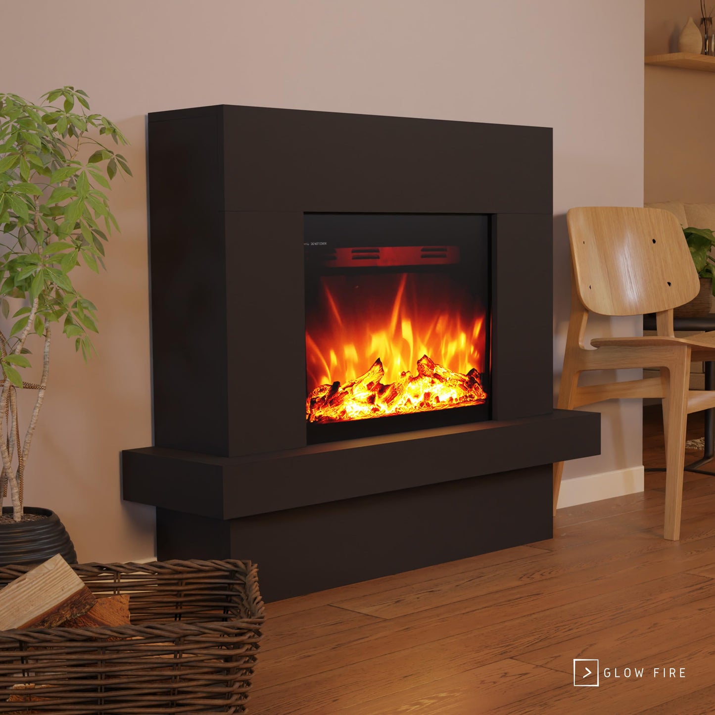 GLOW FIRE Electric Fireplace with Heater and Fireplace (Pandora Standing Fireplace) - Electric Fireplace with LED Fire in 3 Colours, Fan Heater, Wooden Decoration & Remote Control, 114 x 97 x 32 cm,