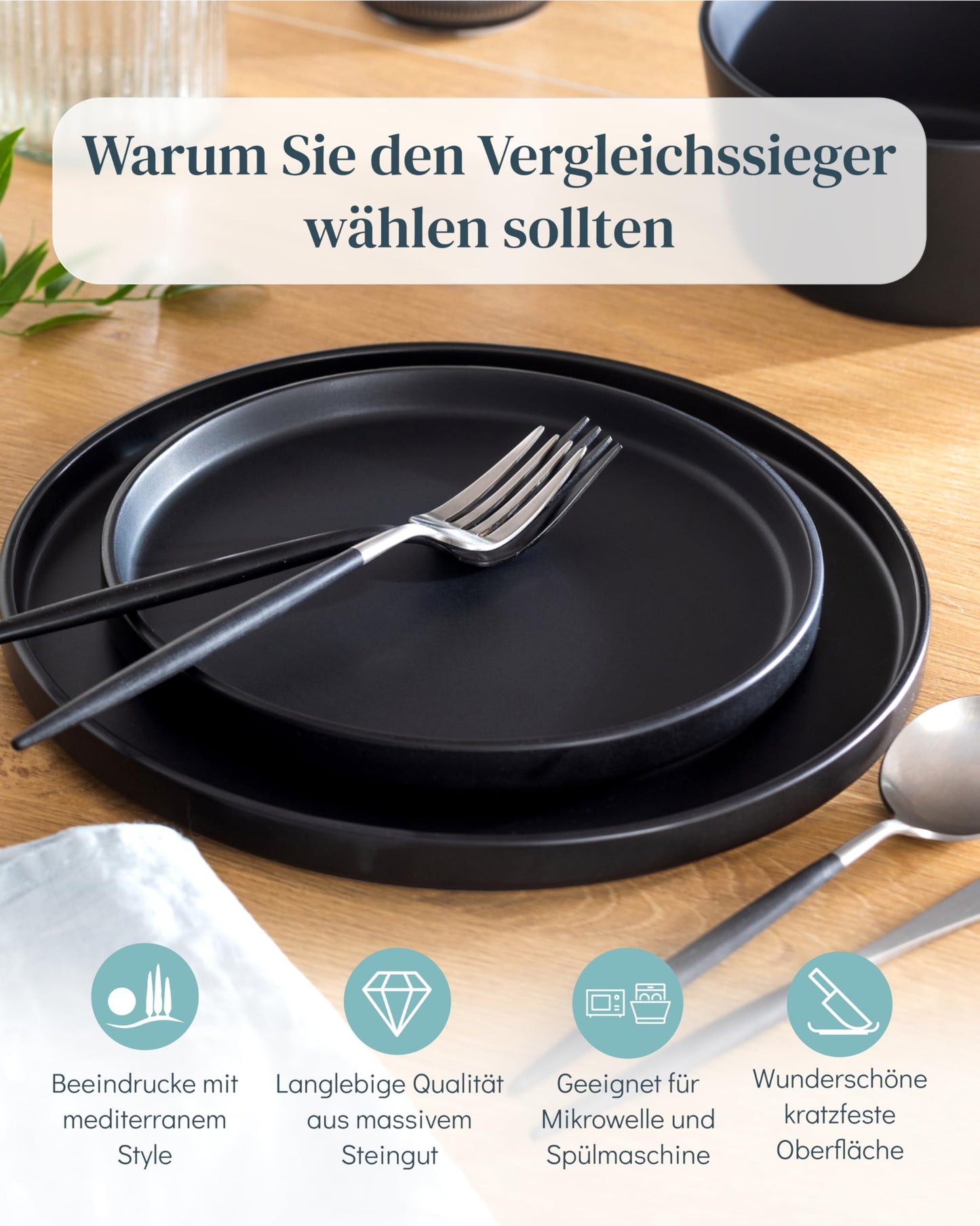 Steingut Geschirrset 6 Personen Manhattan 24 tlg. TESTSIEGER, Cooles Urbanes Steingut Geschirr Set, Schüssel- und Teller Set, Tafelservice 6 Personen, Geschirrsets Pure Living in matt Schwarz