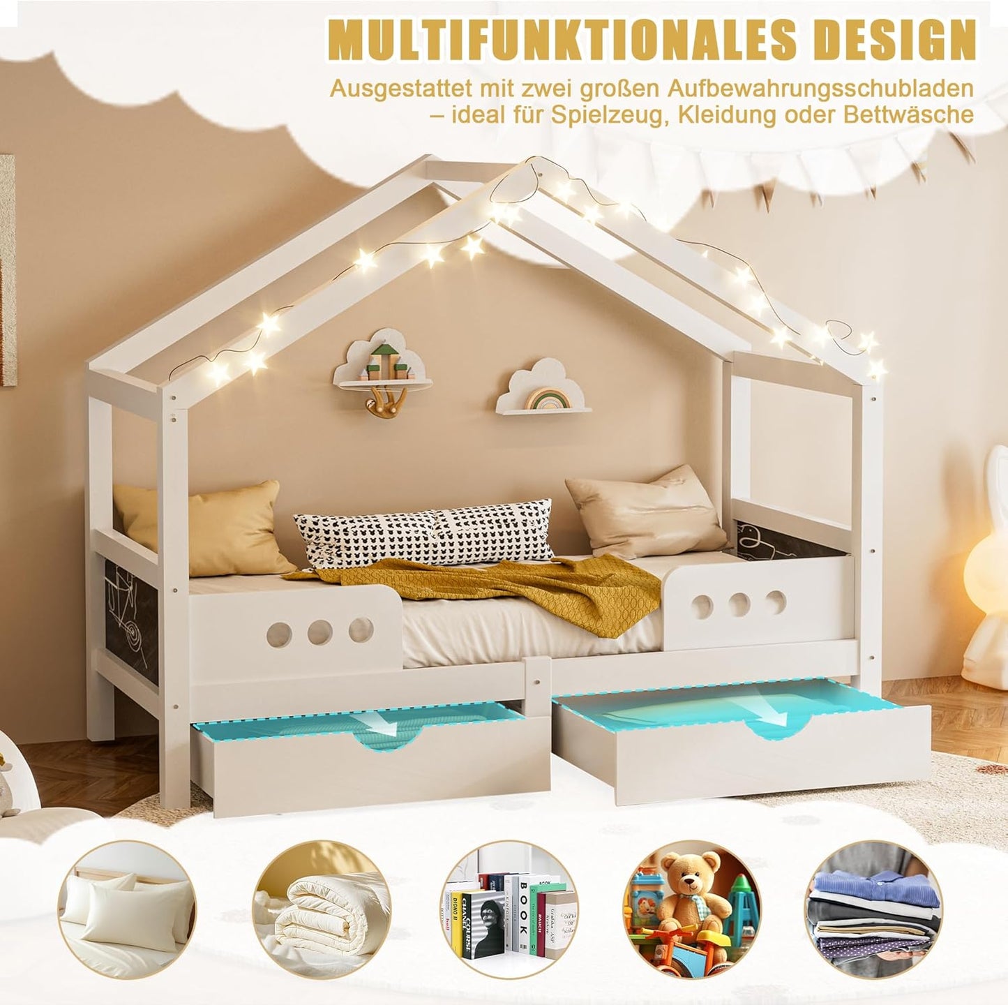 Merax Children's Bed 90 x 200 cm with Fall Protection, Children's House Bed with Drawers and Storage Shelf, Sturdy Wooden Tree House Bed with Slatted Frame, Play Bed for Boys and Girls, White
