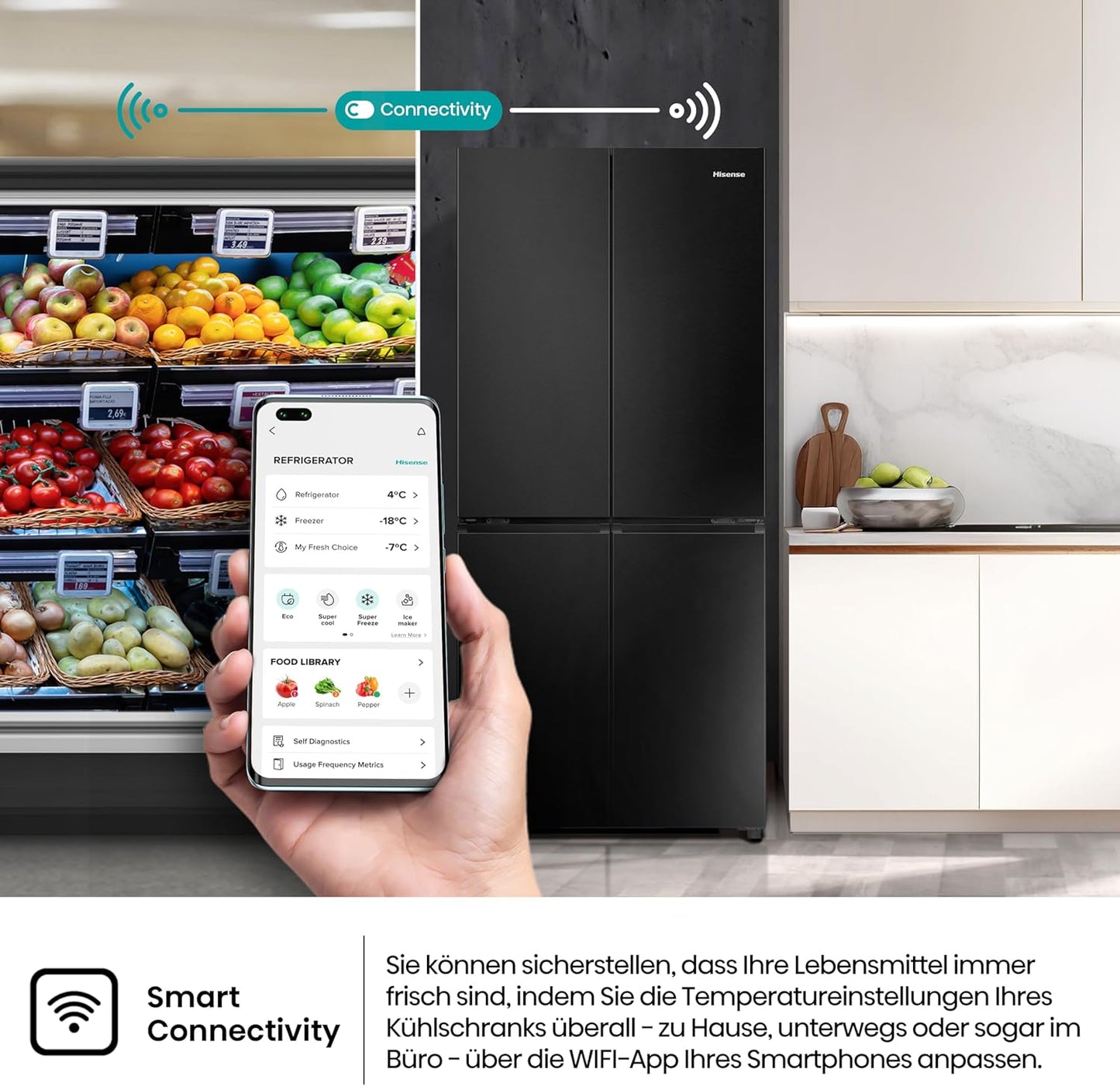 Hisense RQ5P470SAFD Cross-Door Fridge-Freezer, 304 Litre Fridge Compartment, 179 Litre Freezer, Total NoFrost, Wifi, Multi AirFlow, FastFreeze, Energy Efficiency Class D, 178.5 cm x 79.4 cm, Black