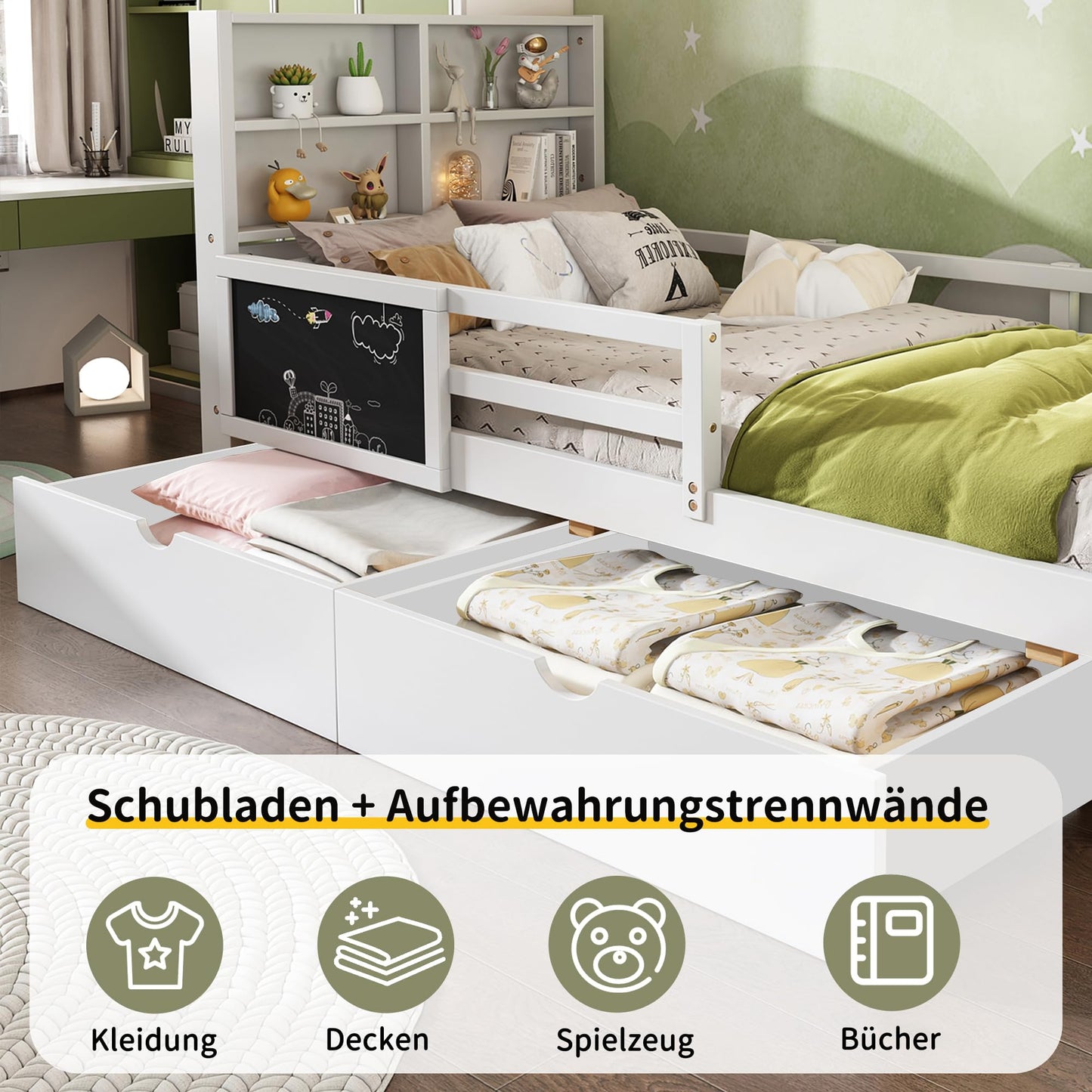 TZCIN Kinderbett 140x200 cm Doppelbett, Holzbett mit Stauschrank, Bücherregal, Regal und Schubladen, Flachbett Stauraumbett Funktionsbett Jugendbett, Bettgestell mit Lattenrost, Ohne Matratze, Weiß