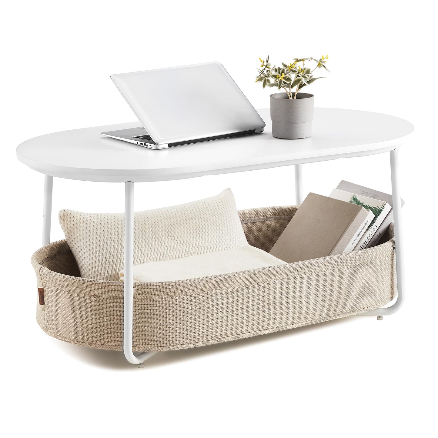 VASAGLE LCT244W10 Round Coffee Table with Storage Space Side Table Living Room Table with Fabric Basket Modern Metal Frame Matt White Camel Brown
