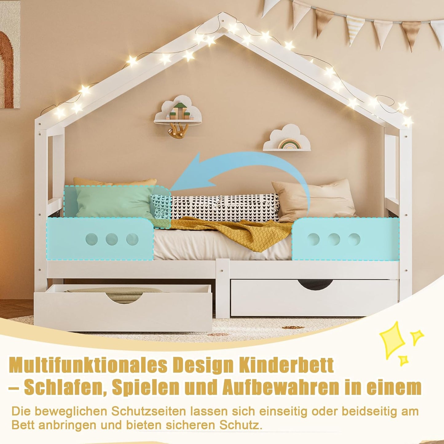 Merax Children's Bed 90 x 200 cm with Fall Protection, Children's House Bed with Drawers and Storage Shelf, Sturdy Wooden Tree House Bed with Slatted Frame, Play Bed for Boys and Girls, White