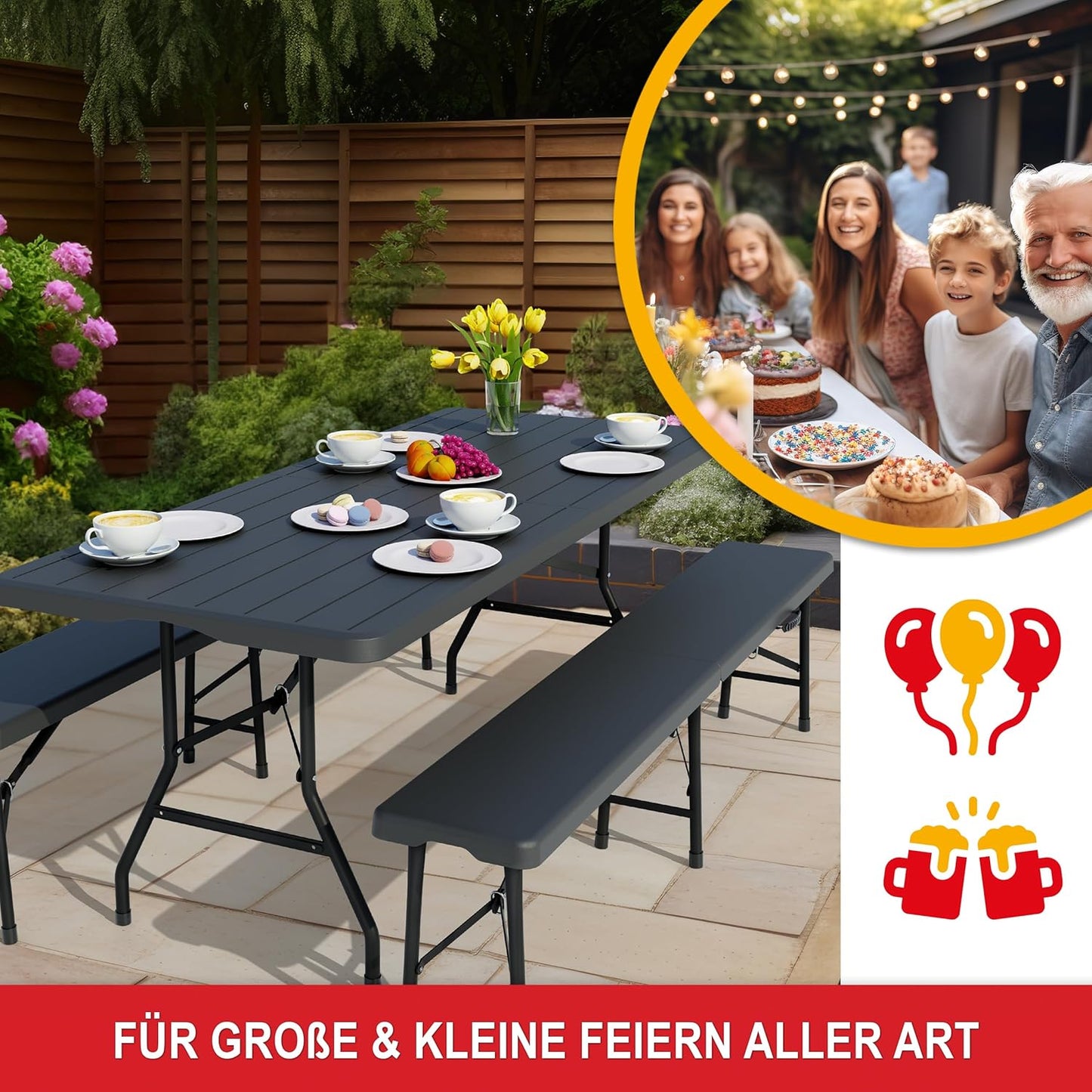 Onbest Bierzeltgarnitur in Holzoptik für 8 Personen – 3 teilig – Tisch mit 2 Bänken im Set – Biertischgarnitur aus robustem Kunststoff – klappbar – Tragegriff – 180 x 74 x 74 cm