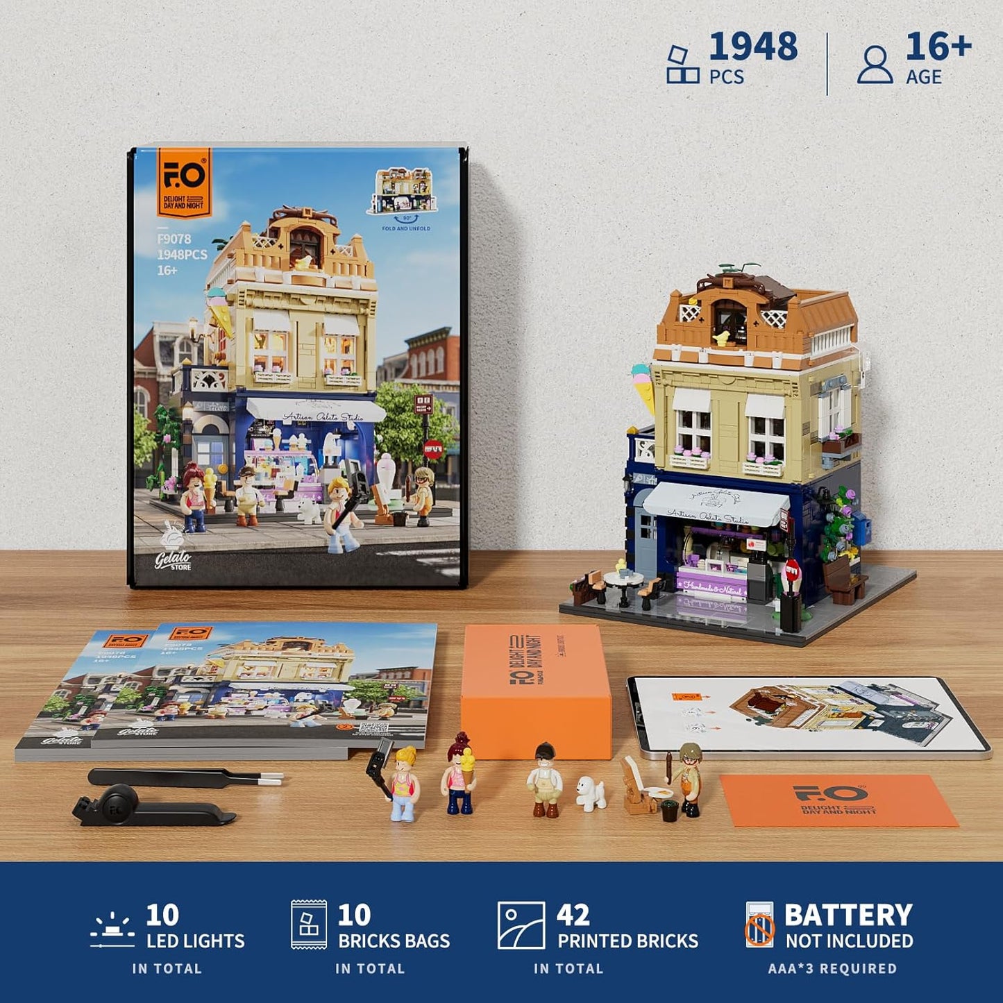 FUNWHOLE Stadtleben Eisdiele Klemmbausteine Haus,Modular Building mit Beleuchtung,F9078,Gelato Store