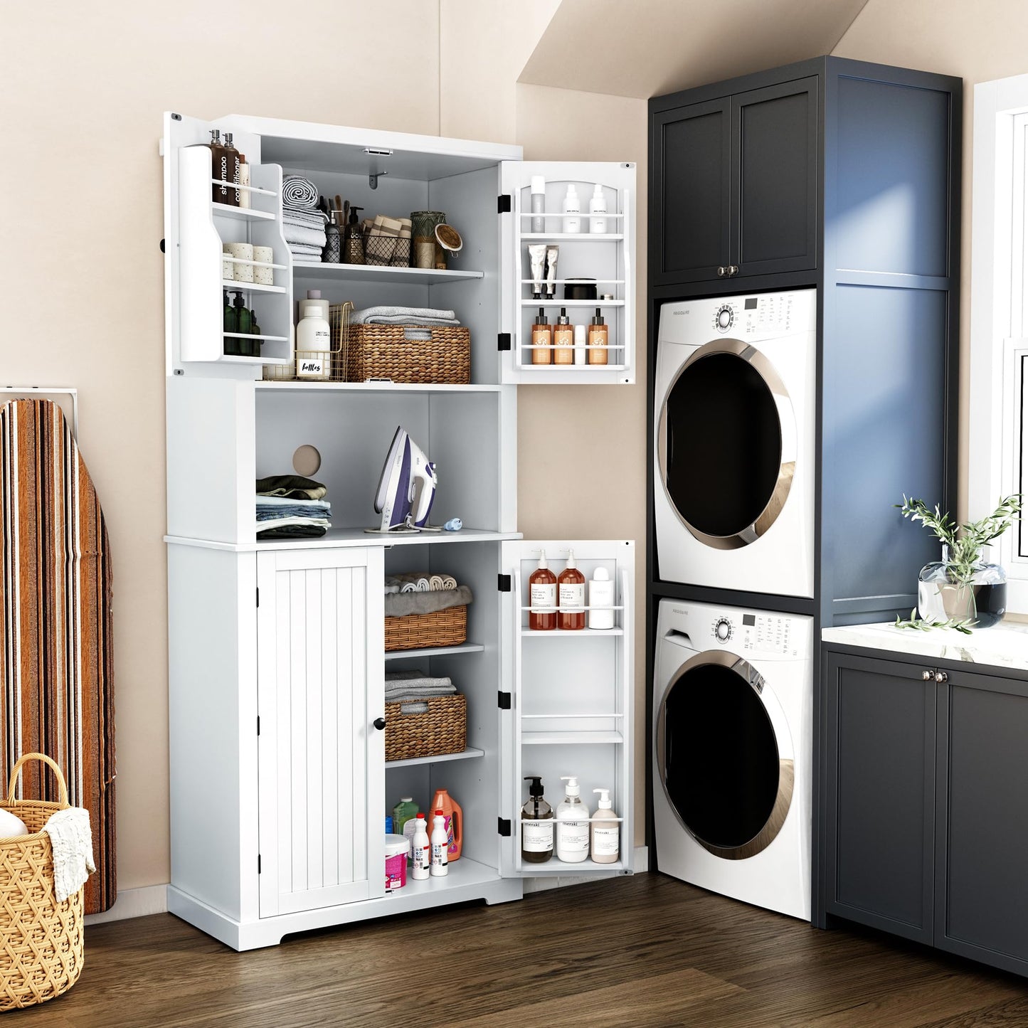 HOLTICO Küchenschrank mit Arbeitsplatte, Hochschrank Küchenbuffet Buffetschrank, Esszimmerschrank, Speisekammer mit Türen und Regalen für Esszimmer, Wohnzimmer, Waschküche,Schwarz