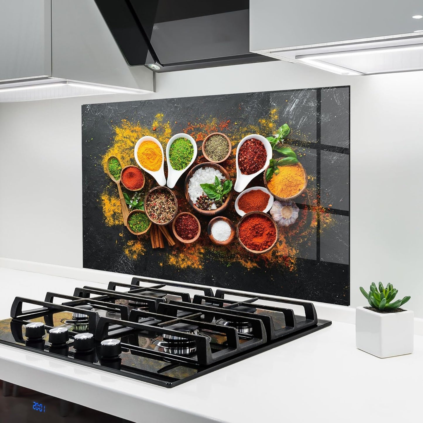 ARTHUB® Küchenrückwand aus Glas 50x70 cm, 5mm ESG | Spritzschutz, Glasplatte, Herdspritzschutz, Wandschutz für Herd, Hartglas, Lebensmittel, Gewürze, Heart Spice Powders