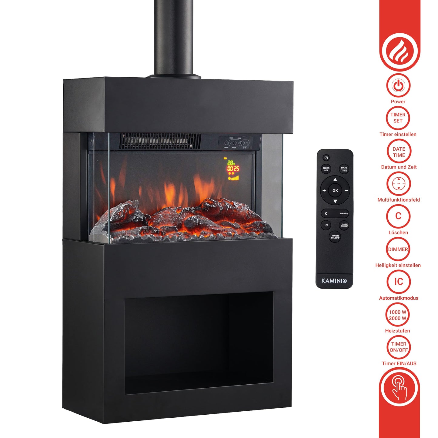 KAMINIO Henri Electric Fireplace with Stove Pipe - Electric Stove with Heater, 3D Flame Effect, Wooden Compartment, Remote Control (White)