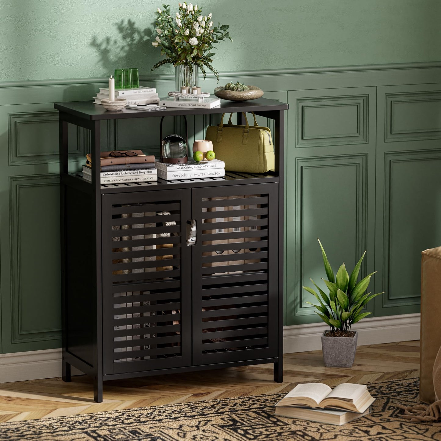 HITNET Bathroom Cabinet Bamboo Black Bathroom Cabinet with 2 Doors Freestanding Cabinet for Bathroom, Living Room and Bedroom