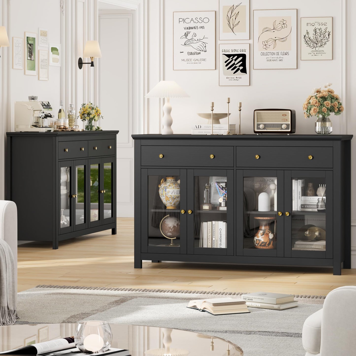 FirFurd Sideboard 140 cm Wide Kitchen Cabinet with Worktop Sideboard for Kitchen Living Room Buffet Cabinet with 2 Drawers and 4 Glass Doors Kitchen Buffet with Adjustable Shelf 140 x 90.7 x 40 cm