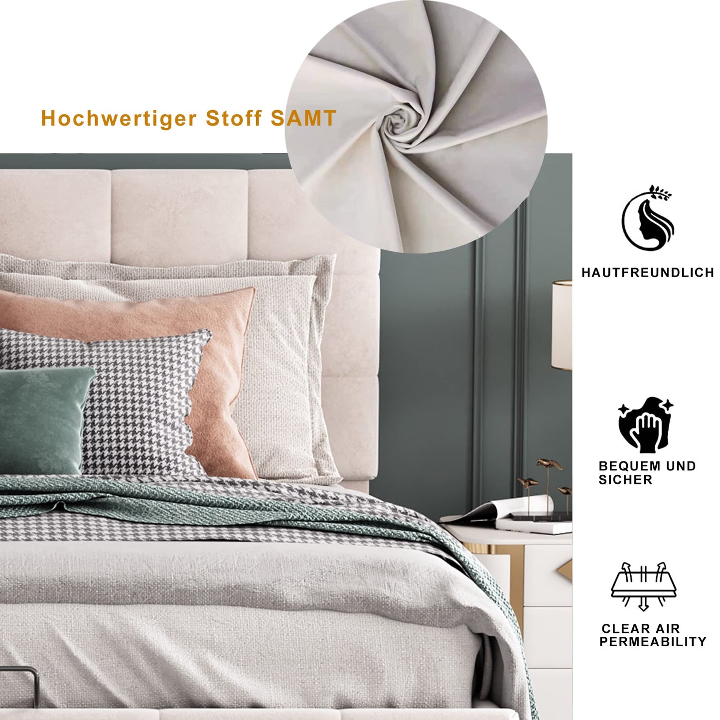 Gegtuon Upholstered Bed 140 x 200 cm, Double Bed with Headboard, Storage Bed Youth Bed with Hydraulic Storage Space Underbed, Functional Bed, Guest Bed, Bed Frame, Slatted Frame, Without Mattress,