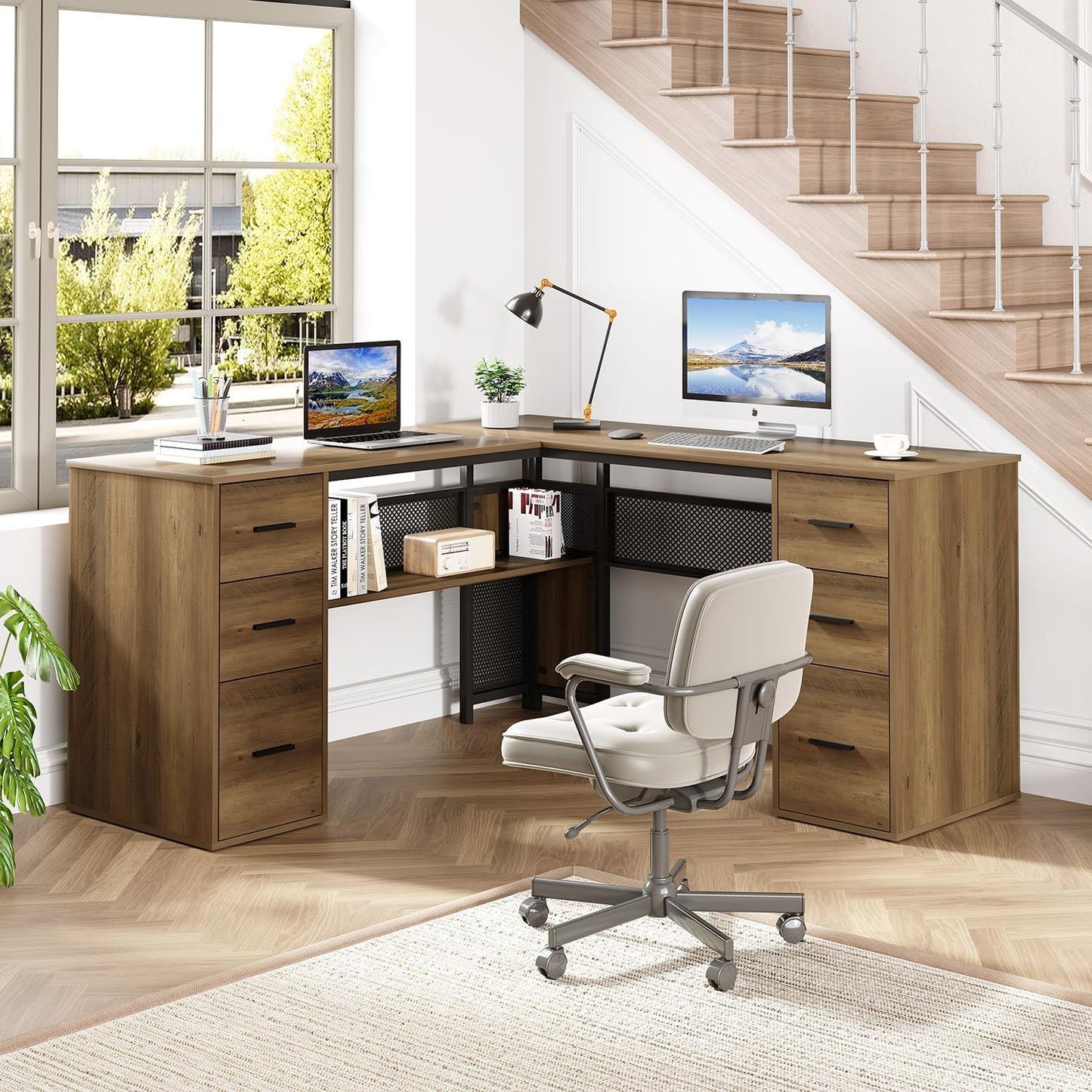 HSH - Black L Shape Corner Desk with Filing Drawers and Shelves, Reversible Corner Desk Made of Metal and Wood with Storage Cabinets