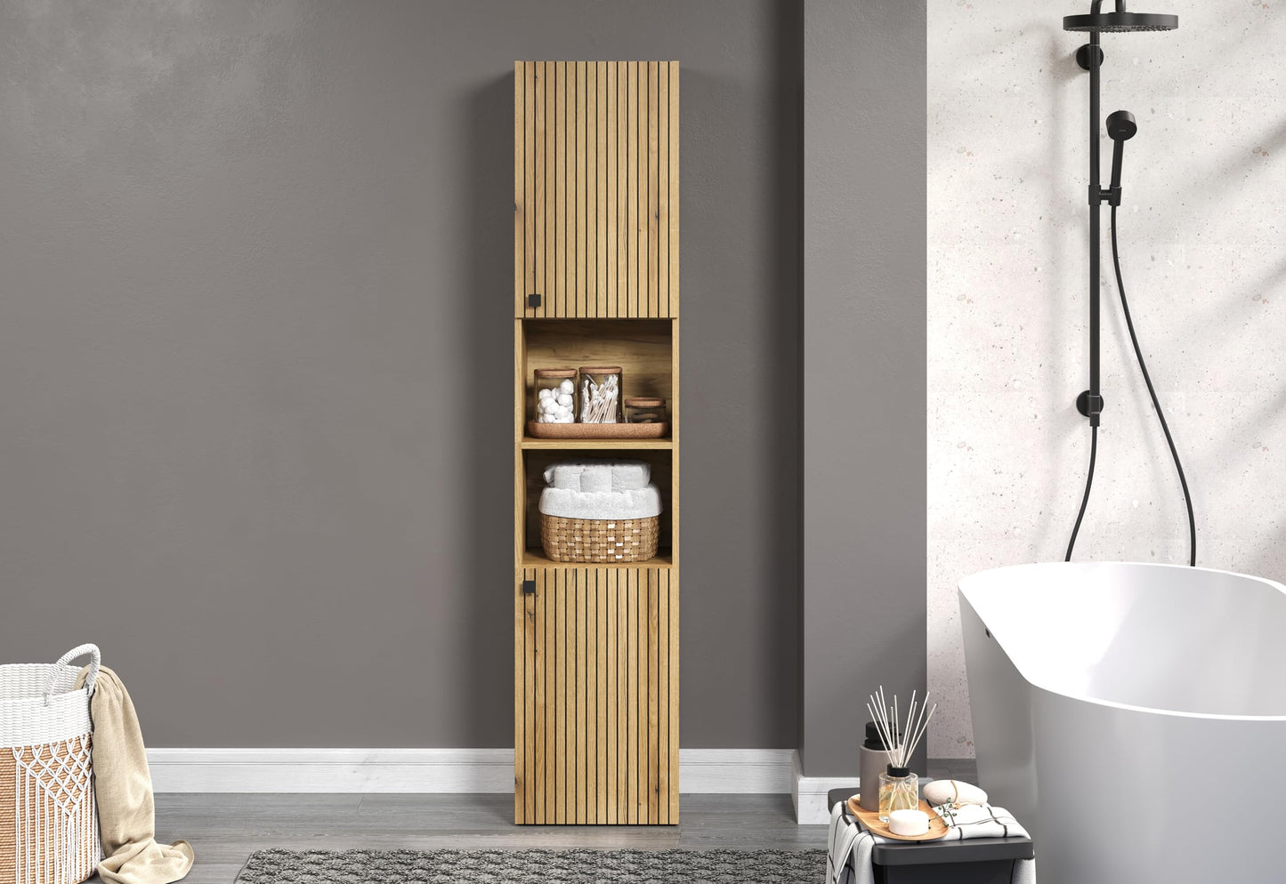 trendteam smart living - PureBliss - Hochschrank - Eiche - Badezimmerschrank in moderner Rillenoptik - edle Metallgriffe - (BxHxT) 40 x 186 x 31 cm - 2 praktische Einlegeböden - kratzfest