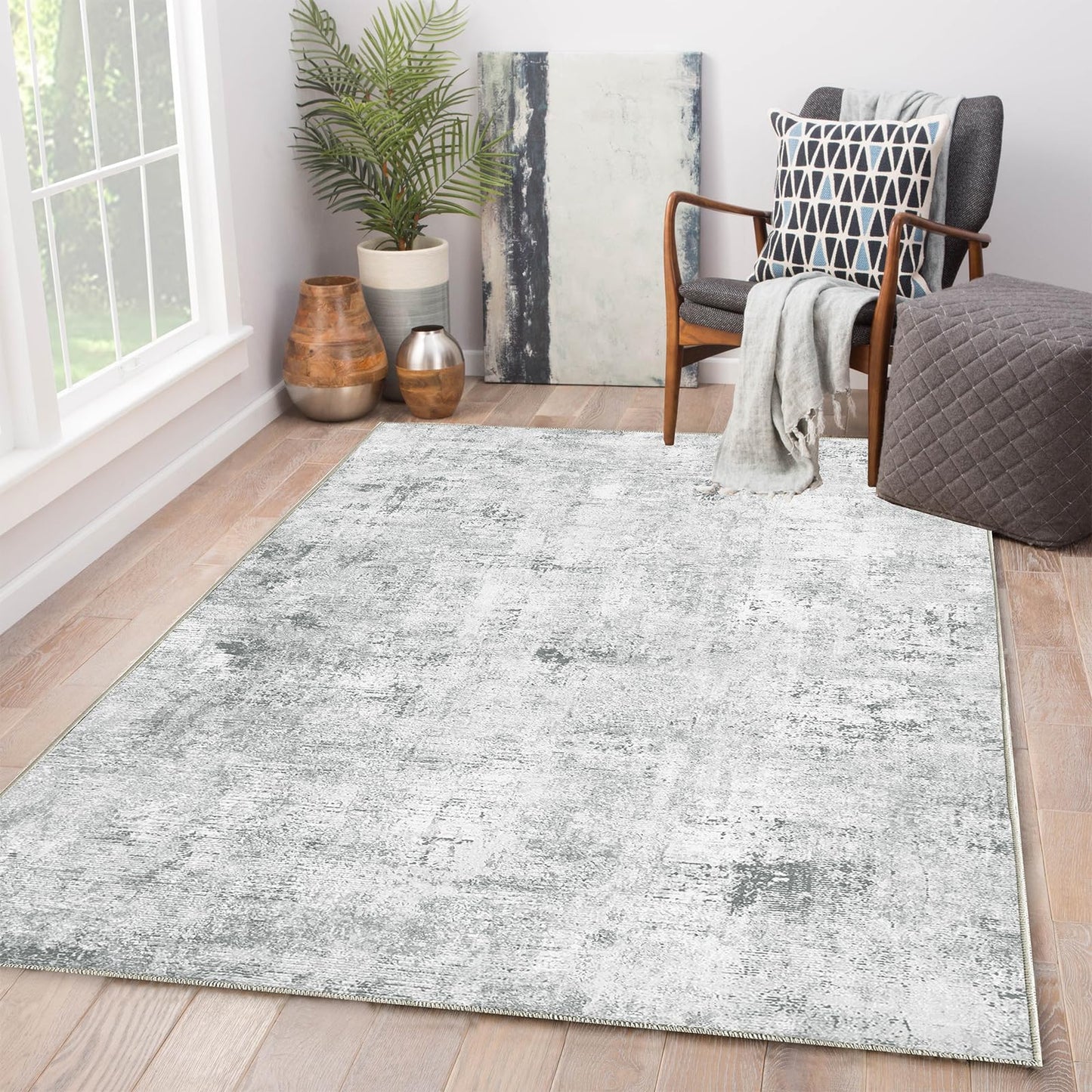 Guchuang Bedding Living Room Rug 140 x 200 cm, Grey Green Rug Vintage Mottled Smudged Design Short Pile Rugs, Washable Non-Slip Rugs for Bedroom