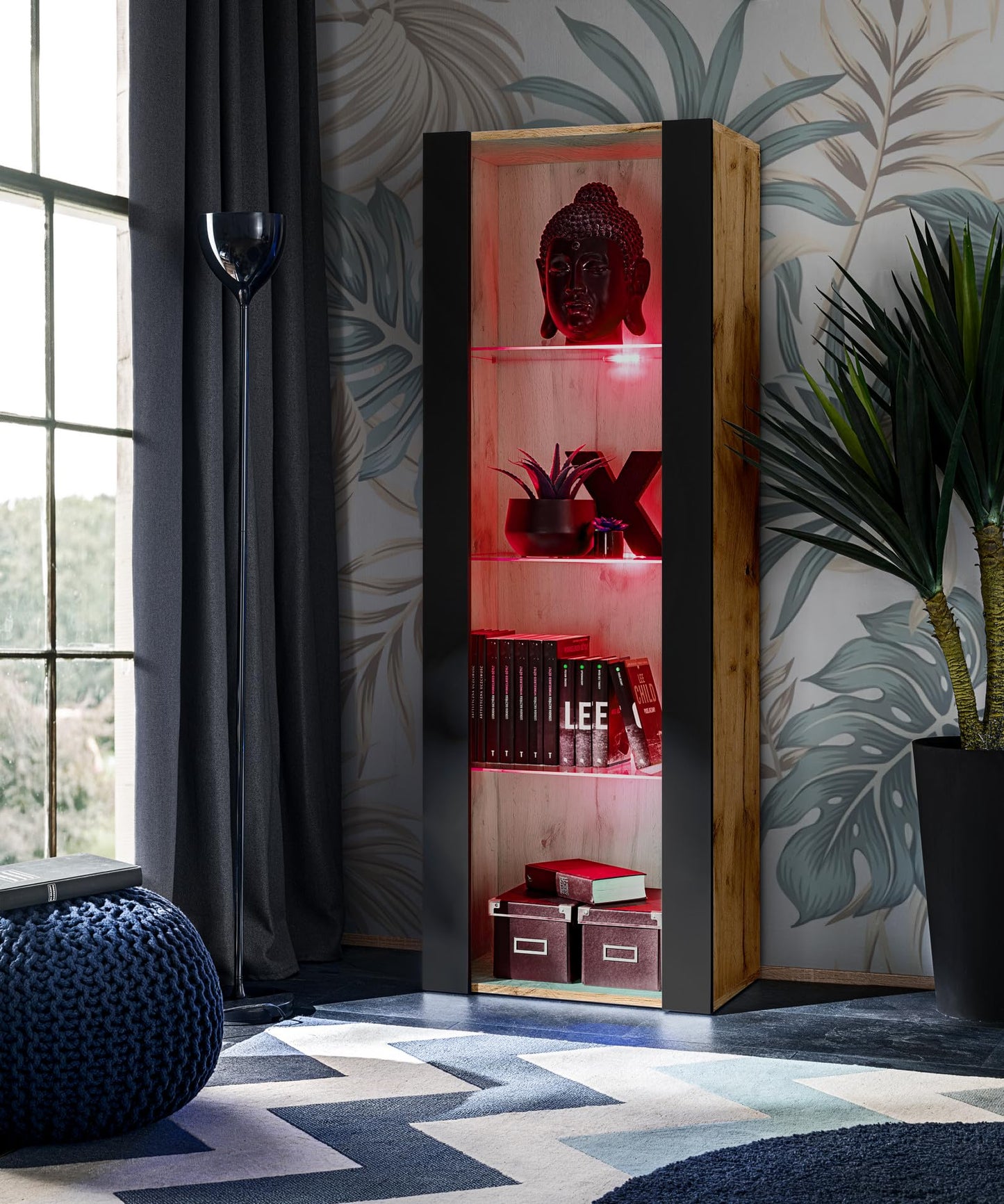 Komodee Tivoli Medio Wall Unit Living Room Set, Black/Black, Width 245 cm x Height 159 cm x Depth 35 cm, LED Blue, for Living Room, Bedroom