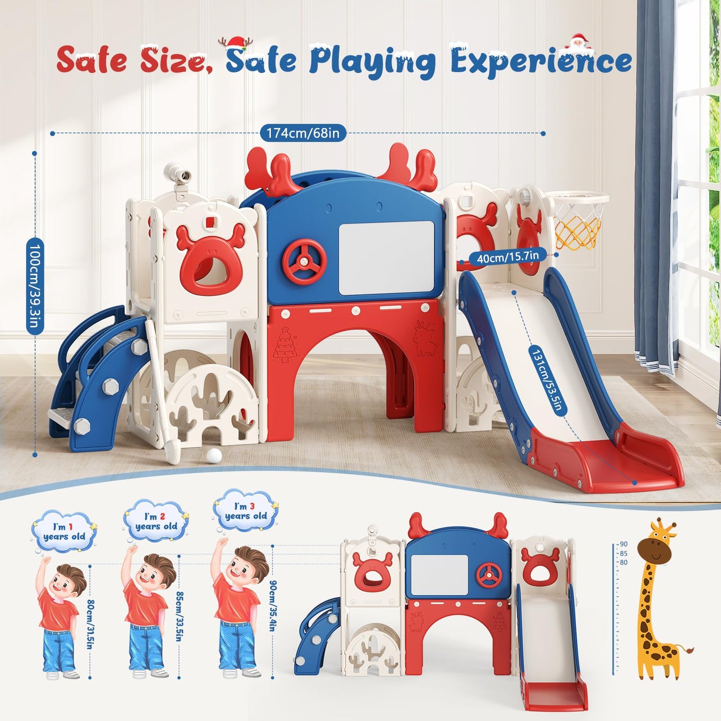 Krovtoy Kleinkindrutsche mit Weihnachtselch-Motiv, freistehende Kleinkindrutsche mit Golf-Set, Babyrutsche, Spielplatzgerät, für den Innen- und Außenbereich (Grau Beige - 6 in 1)